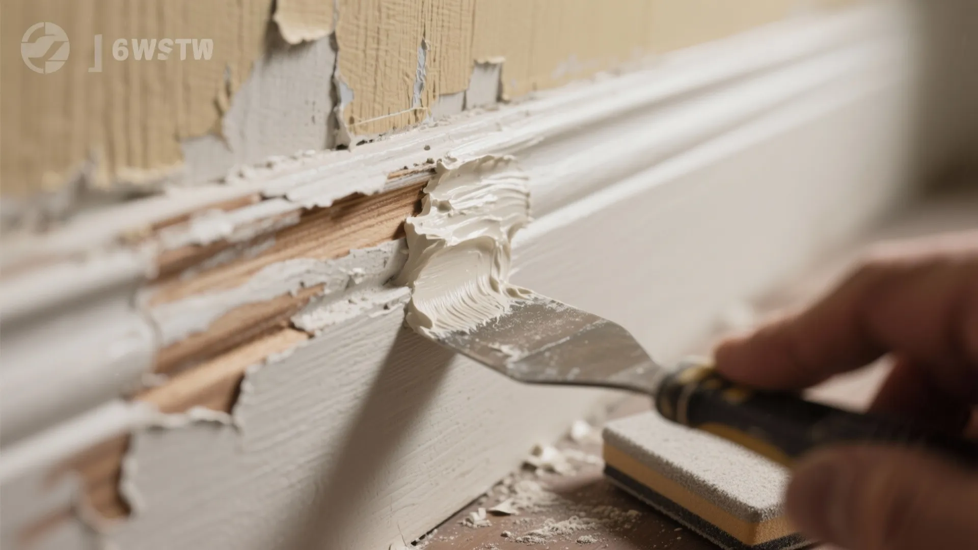 Hand using metal tool to apply white filler to wooden wall panel trim for repair