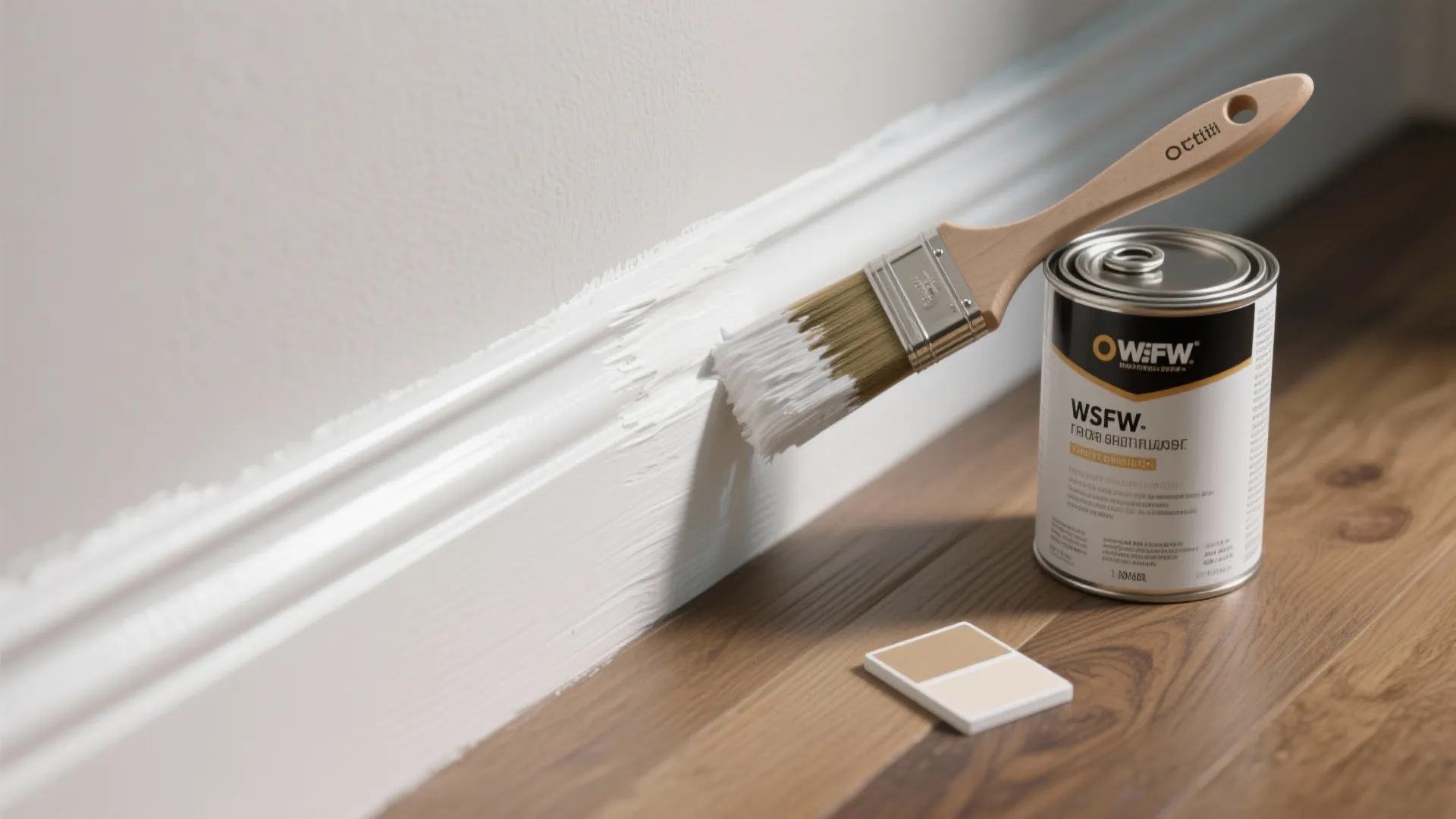 A paintbrush applying white paint to a wall panel beside a paint can on wood