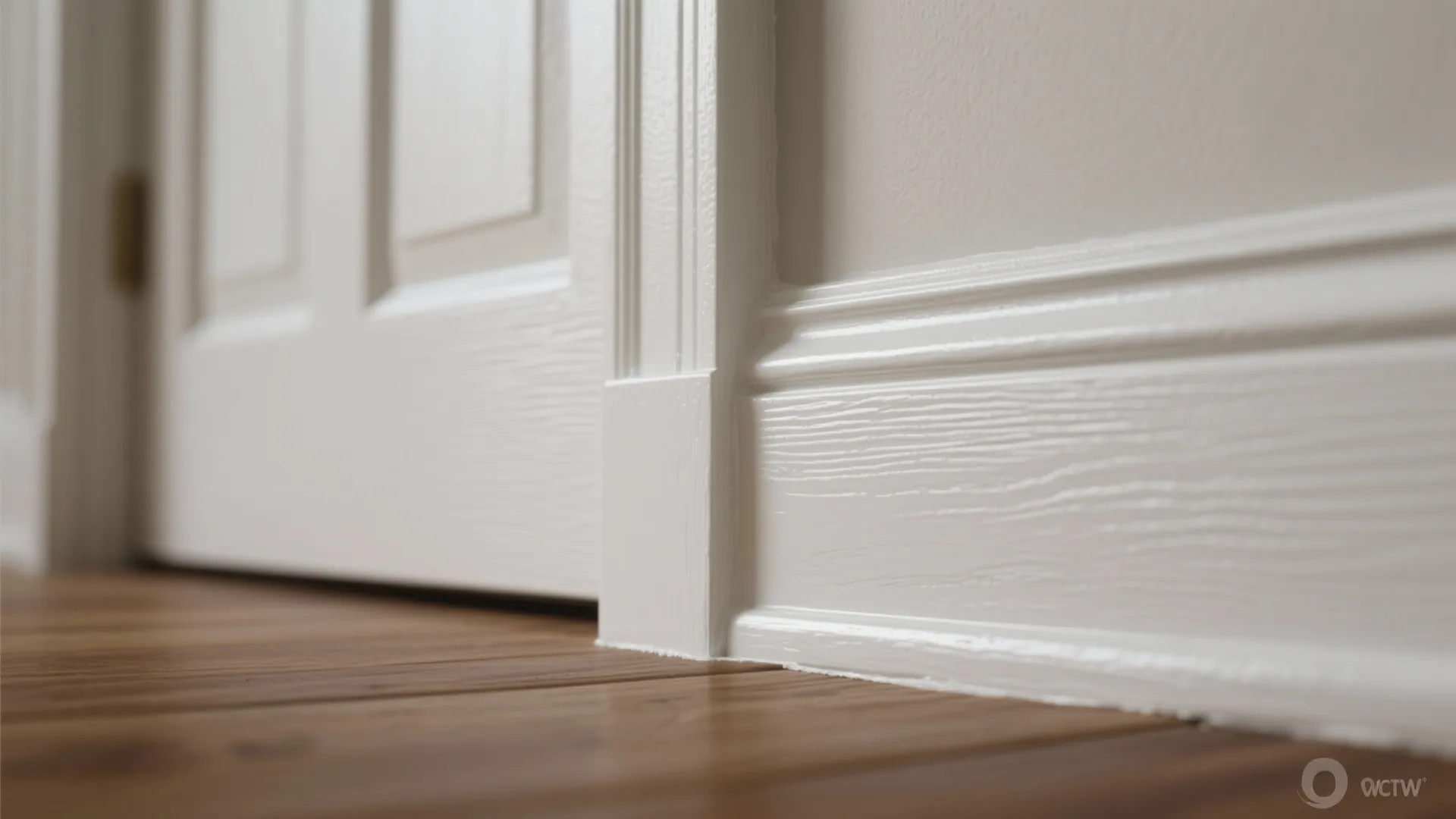 Close up of white wall panel trim meeting a door frame on a wooden floor