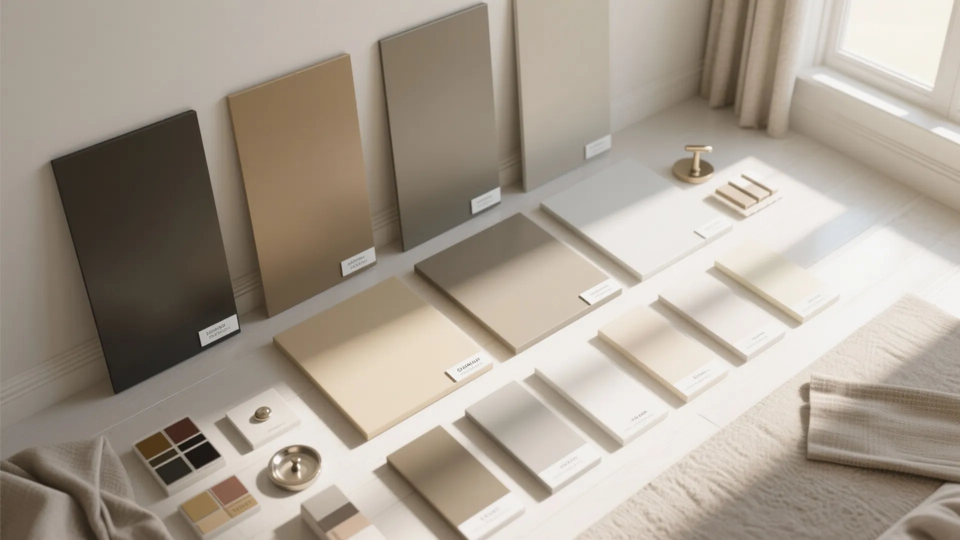 Top-down view of full-size paint panels and trim samples tested in real room light to compare shades and finishes.