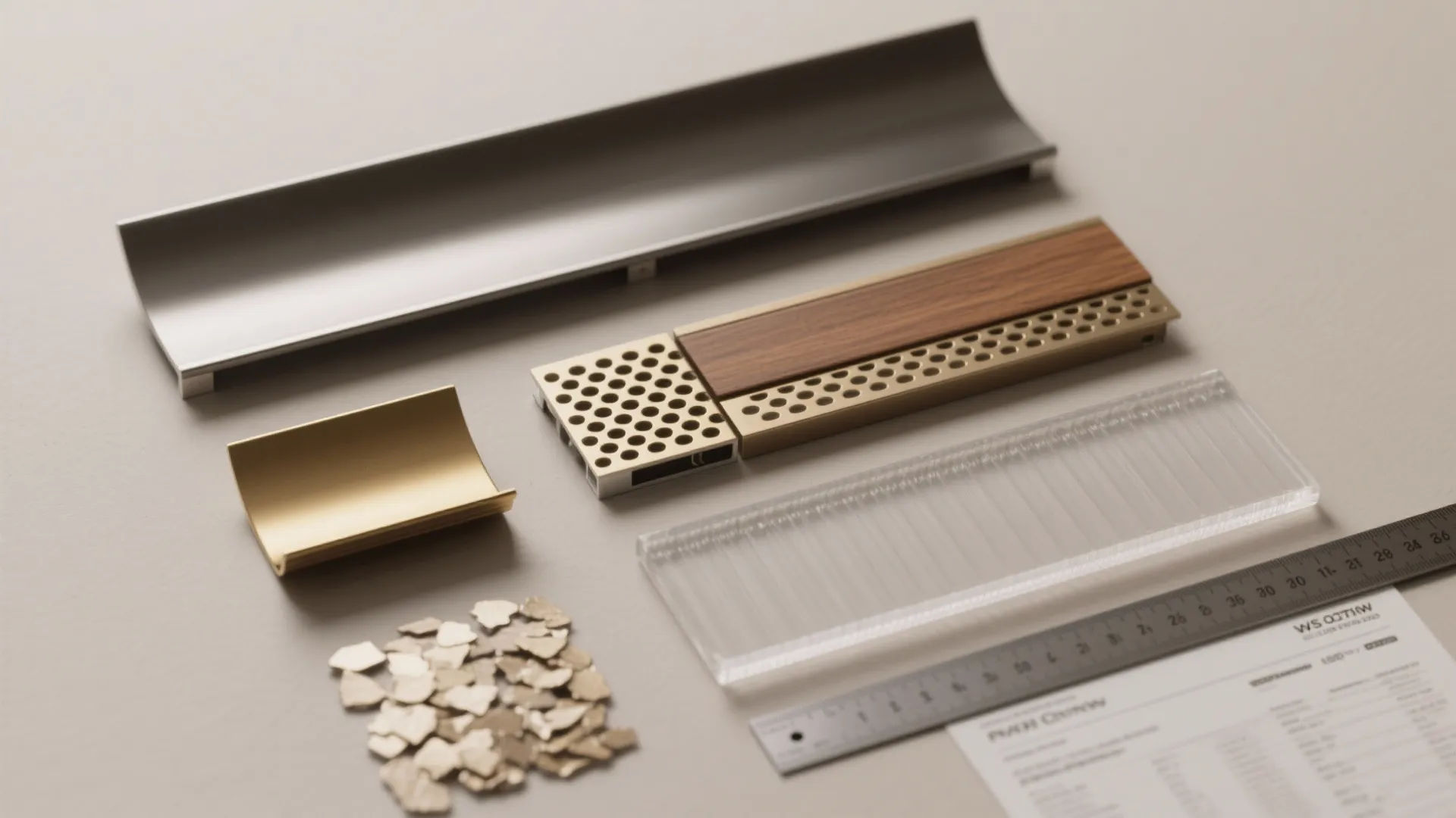 Various interior design material samples including metal trims wood inserts glass pieces and a ruler
