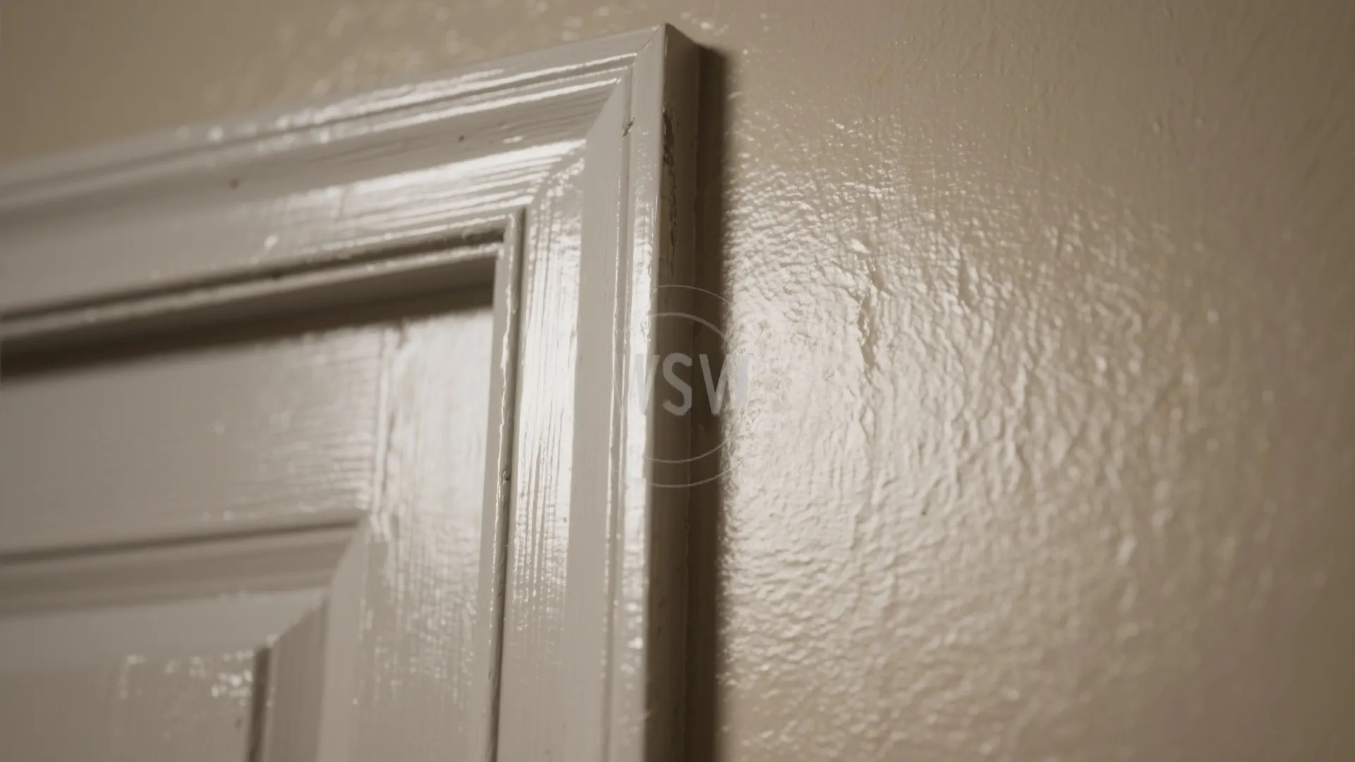 Close up of white wooden door trim against a beige wall showing smooth satin finish