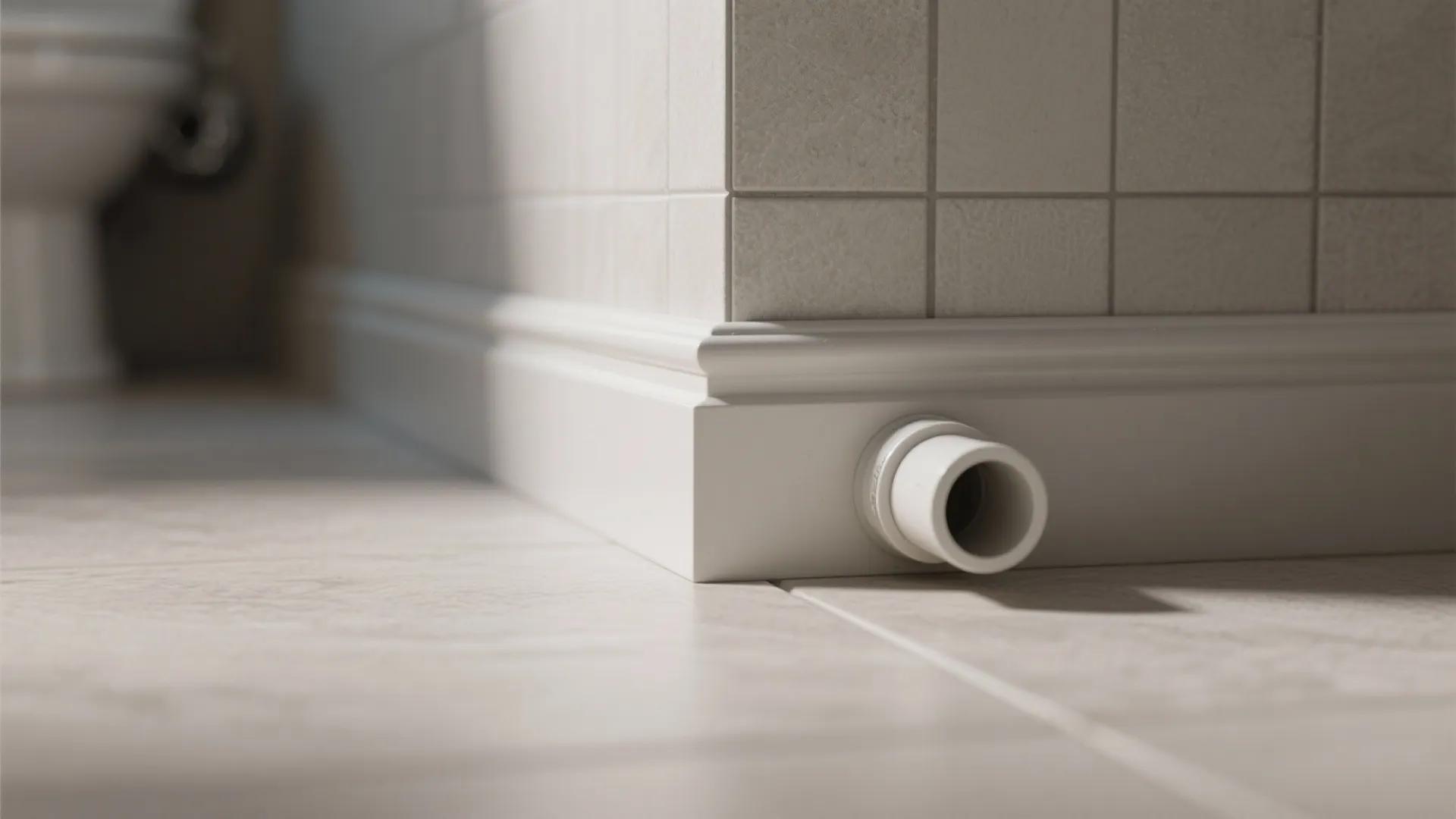 Close up of white wall trim with a pipe outlet on a light grey floor