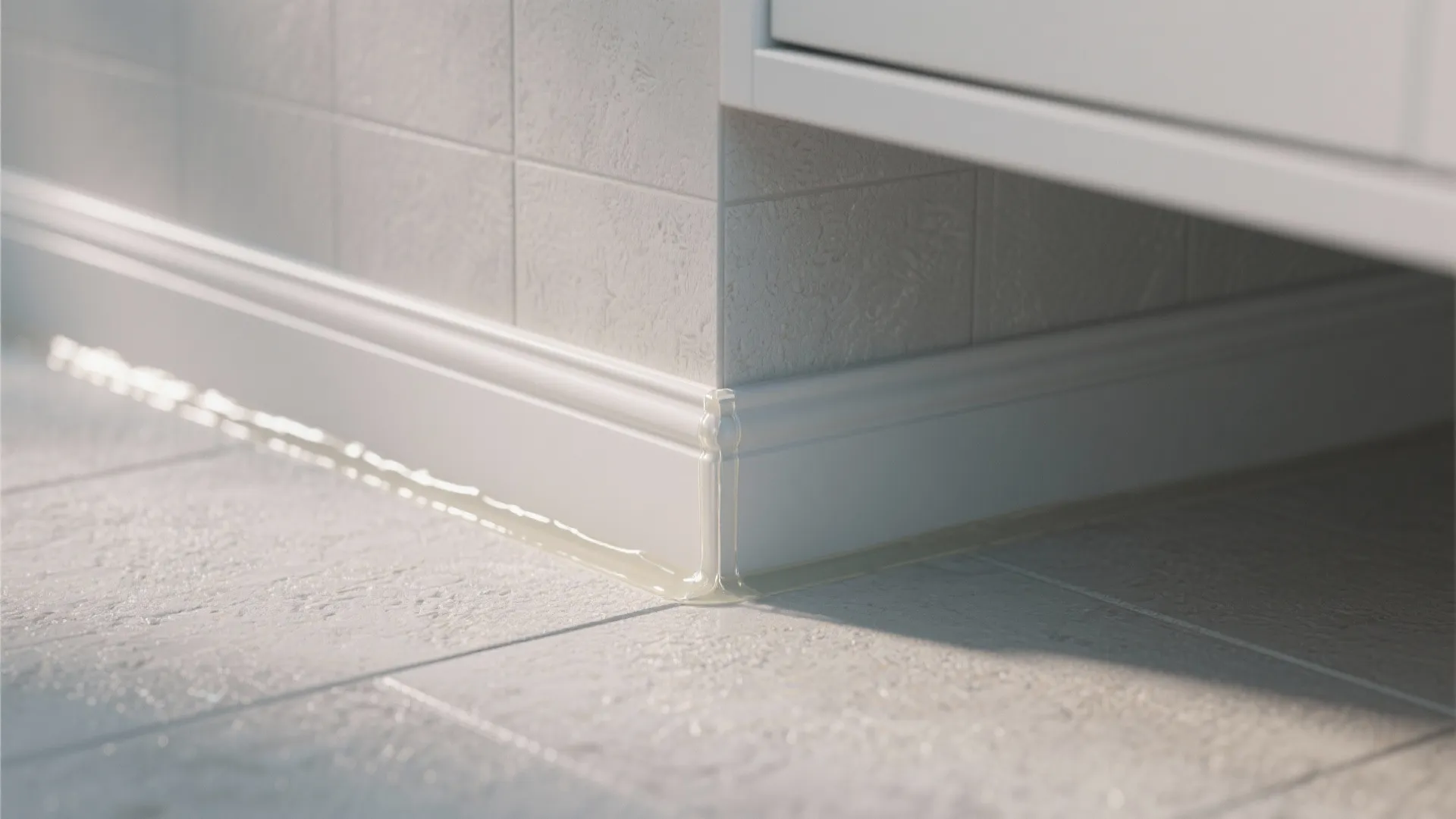 Close up of white wall panel trim with waterproof clear glue seal on bathroom floor
