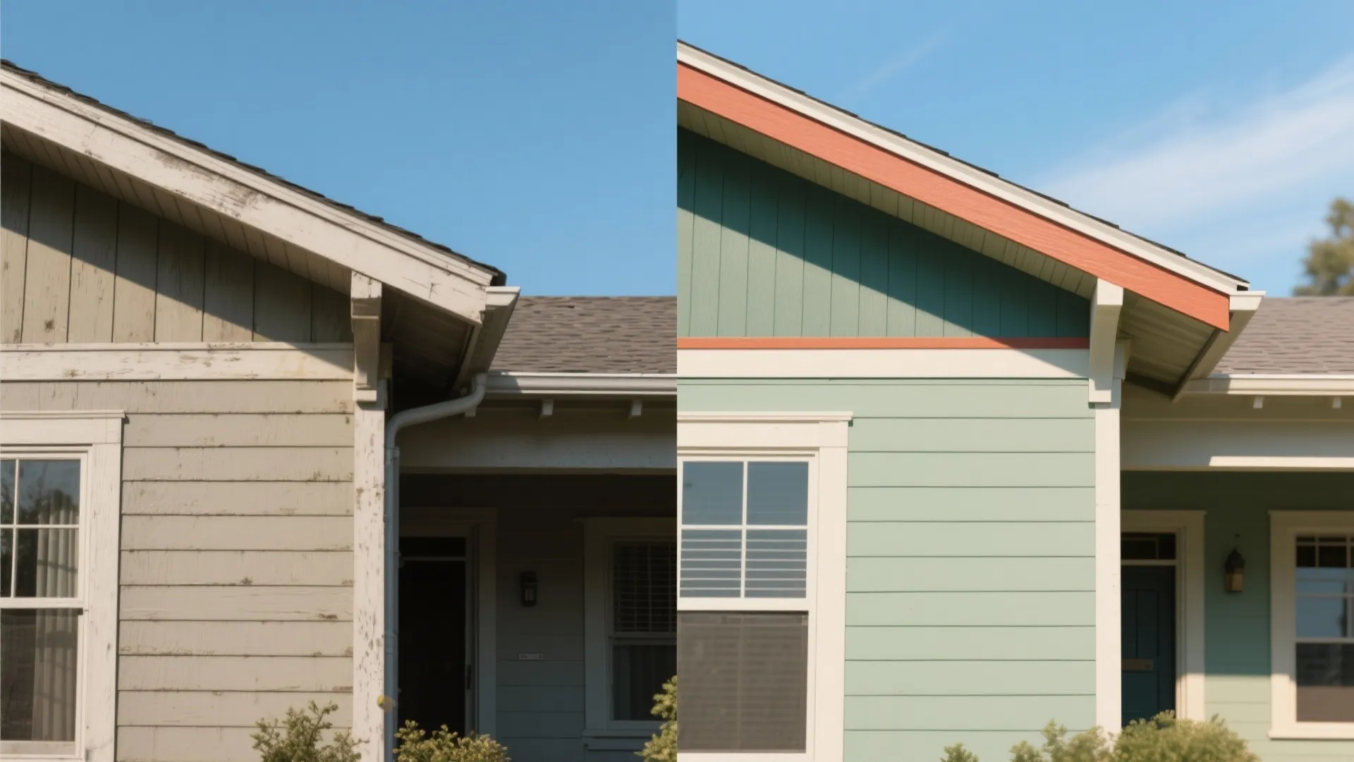 Before and after comparison of old house siding versus new green wall and orange trim