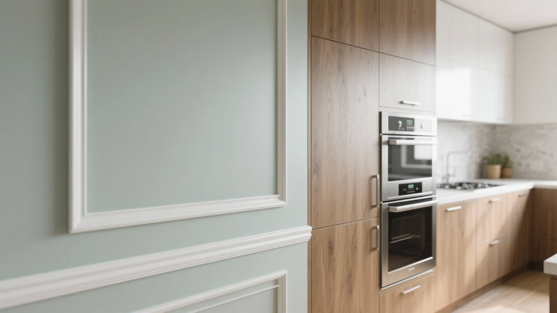 Light green wall panel next to wooden kitchen cabinets with built in oven and white countertop