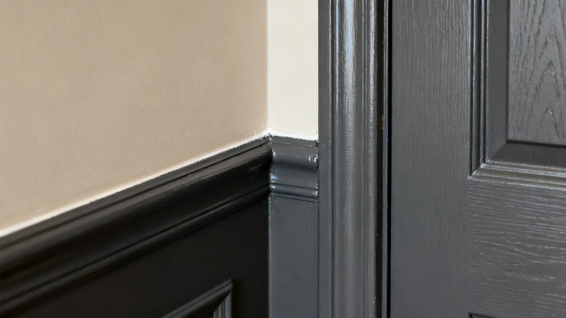 Macro of matte greige wall against satin charcoal trim with a clean joint