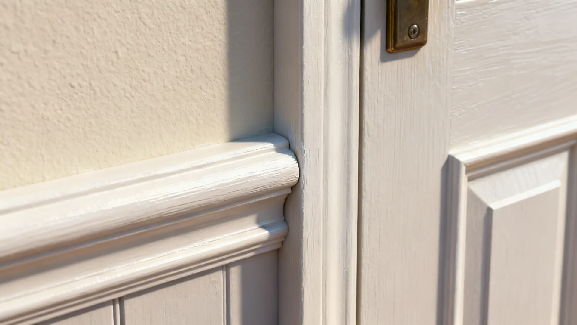 Close-up of trim and door edge showing eggshell wall and semi-gloss trim sheens