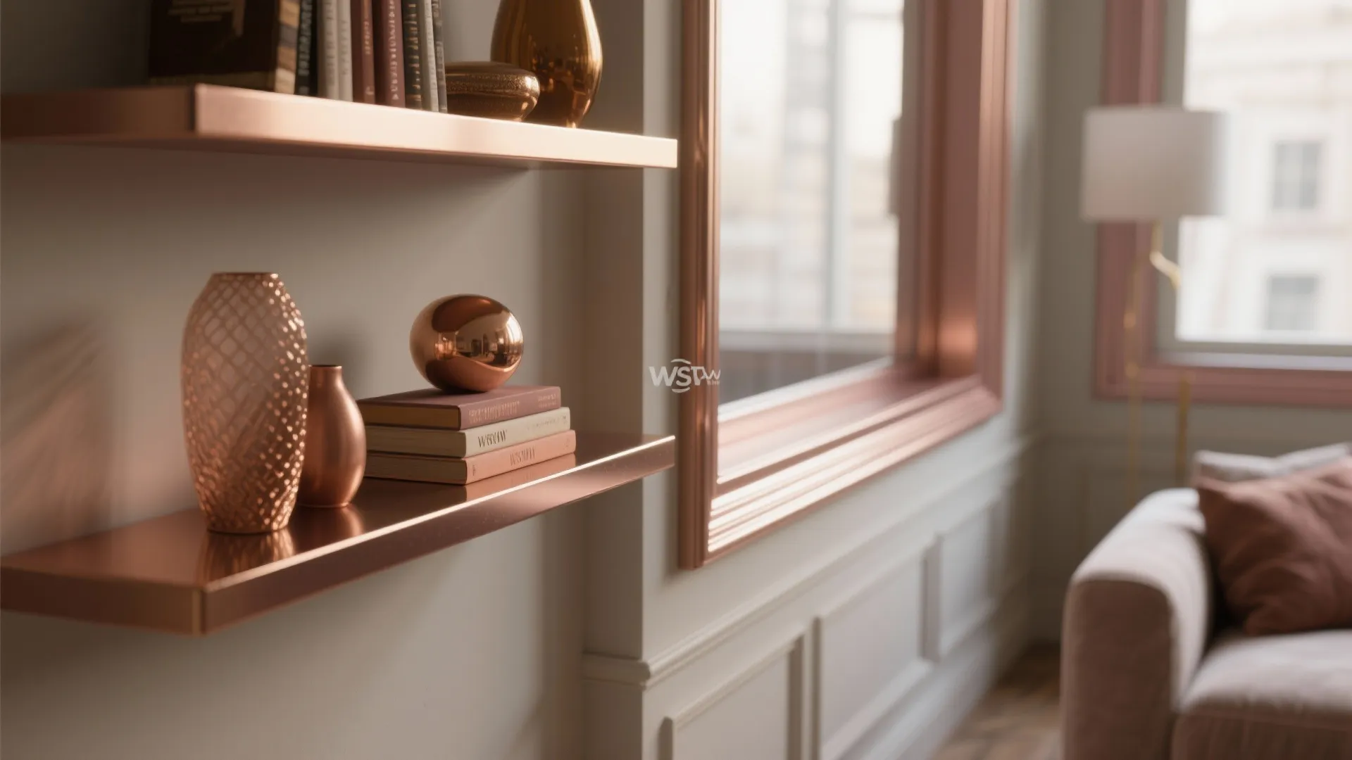 4. Rose Gold Trim and Shelving in Living Areas