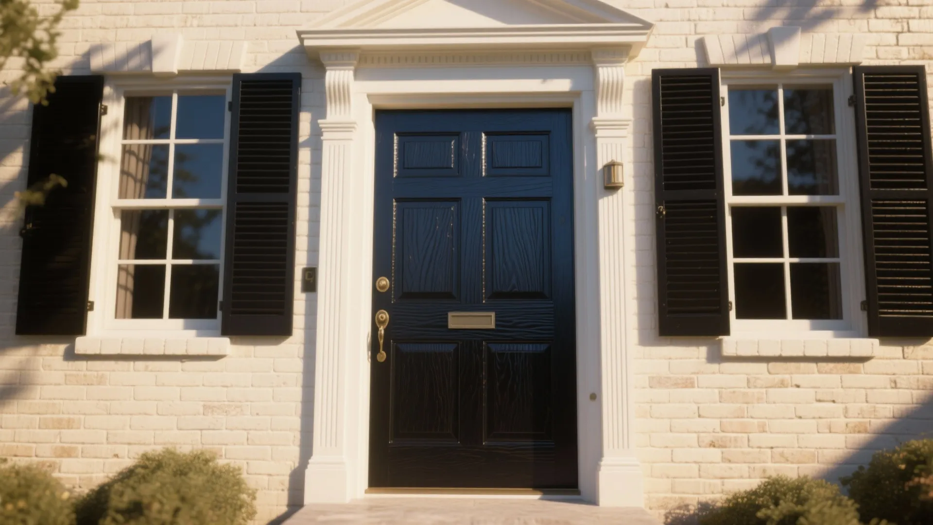 Black front door with white trim and windows with black shutters on white brick wall