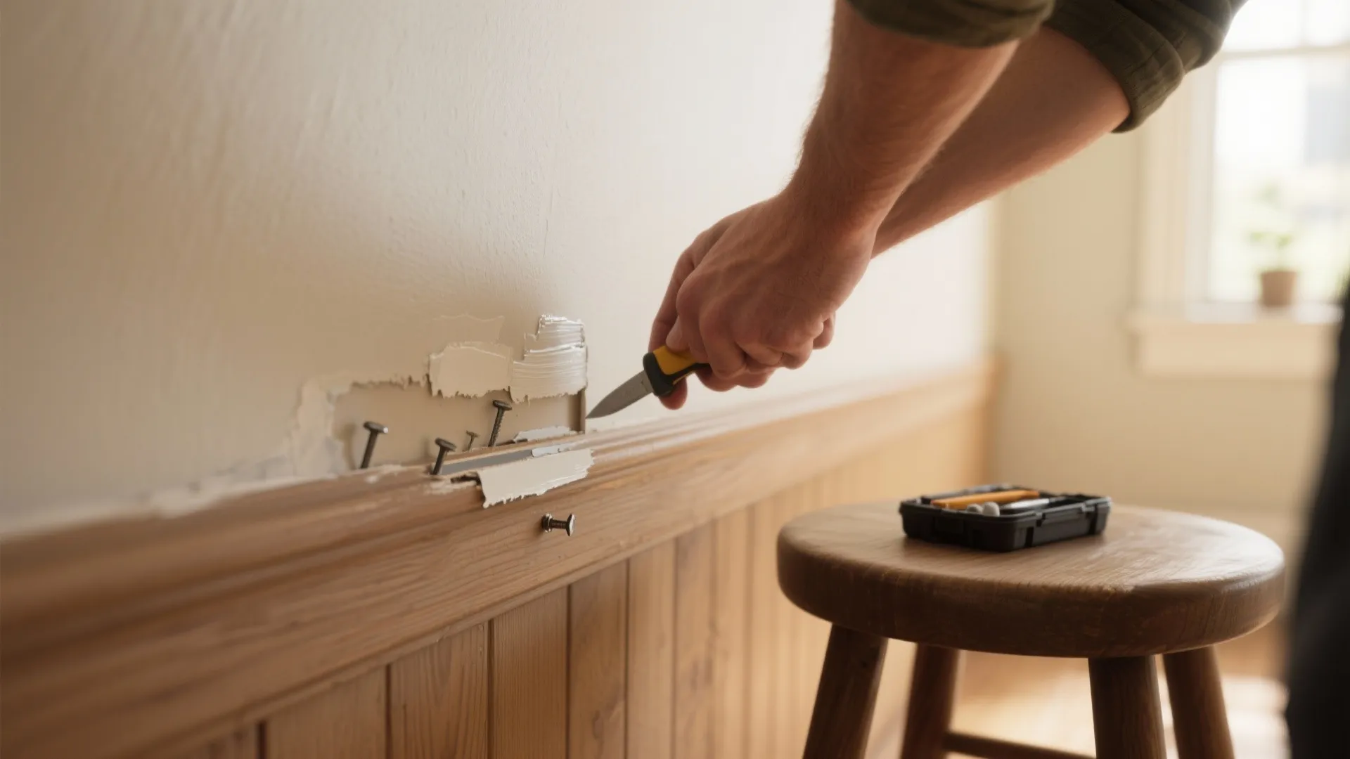 A person using a tool to carefully remove white paint from a wooden wall panel strip