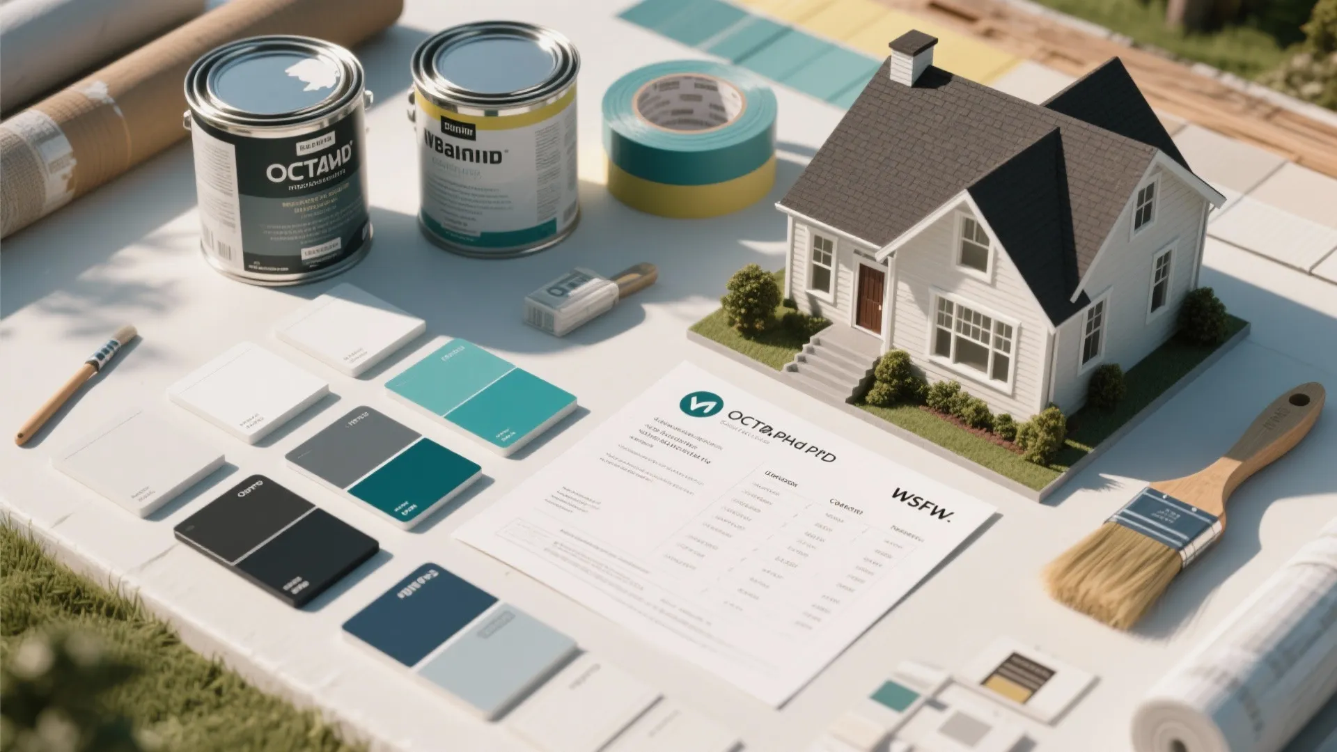 Small white house model surrounded by paint cans color swatches brushes and interior design drawing