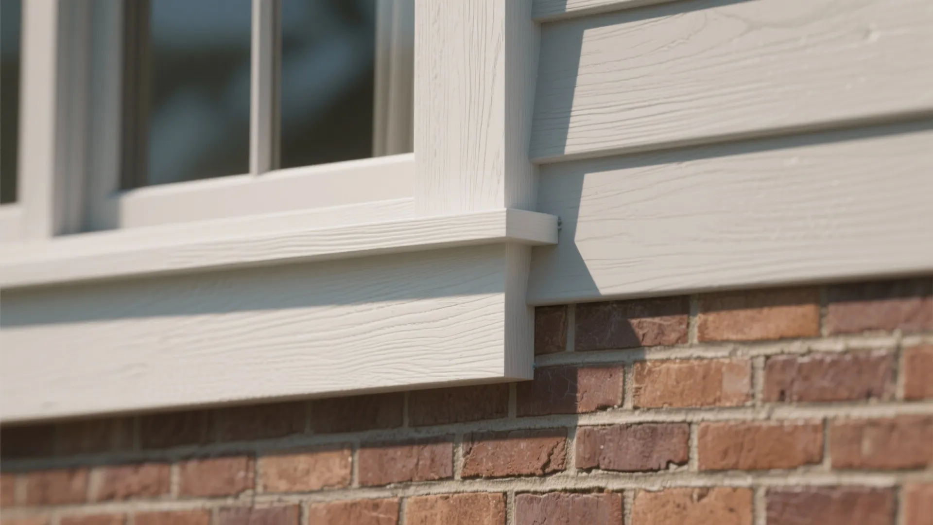 Close up of white wood window frame and siding installed over a red brick house wall