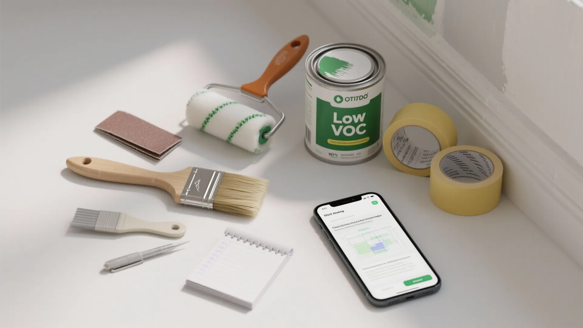 Flatlay of trim painting tools including angled sash brush, mini roller, low-VOC paint cans, tape and cost notes.