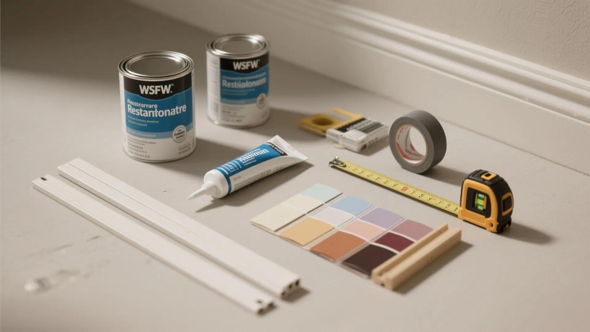 Top-down flatlay of primer, silicone caulk, painter's tape, battens, measuring tape and paint swatches for trim tips.
