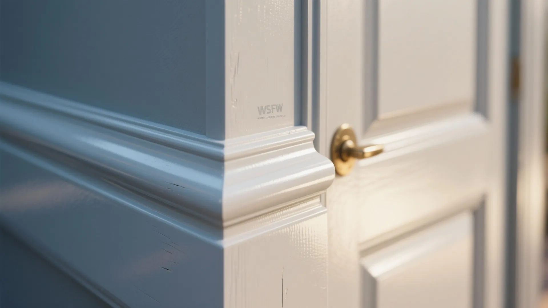 Detail of white wall panel trim next to a wooden door with a gold door handle