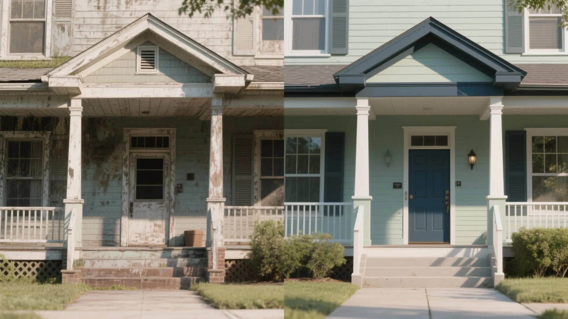 Before and after comparison of a house exterior with old peeling paint and new trim