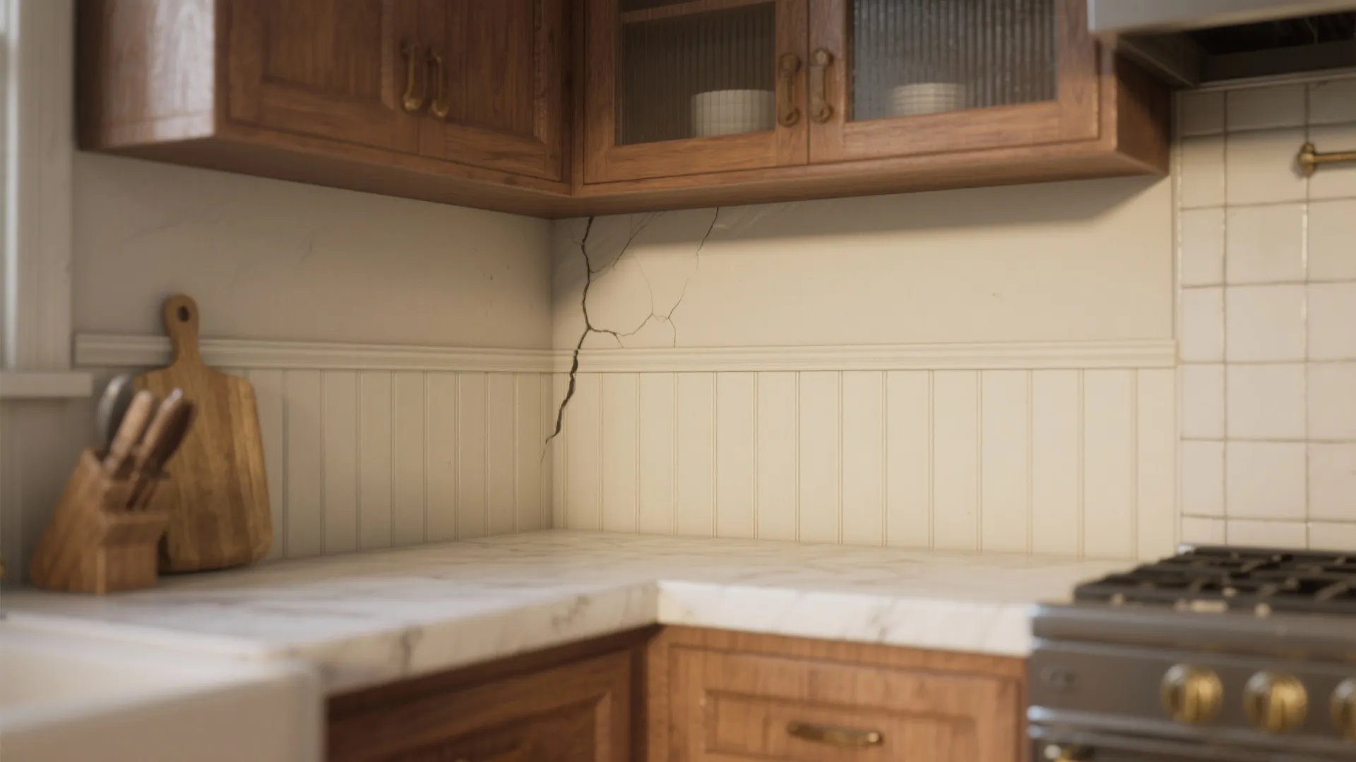 Small kitchen wall with a slim chair rail and wainscoting concealing a horizontal crack and adding layered detail.