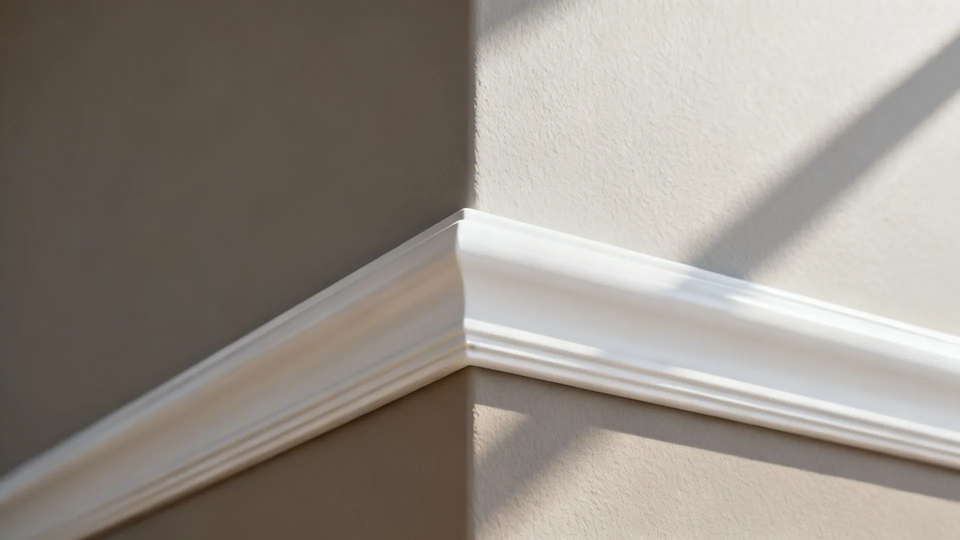 Macro detail of white trim meeting a light warm gray matte wall.