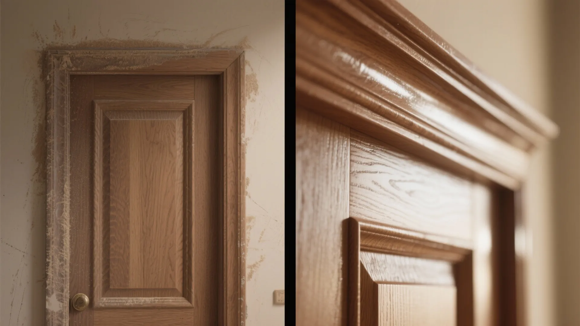 Before and after comparison of a dusty wooden door frame and a clean shiny polished version