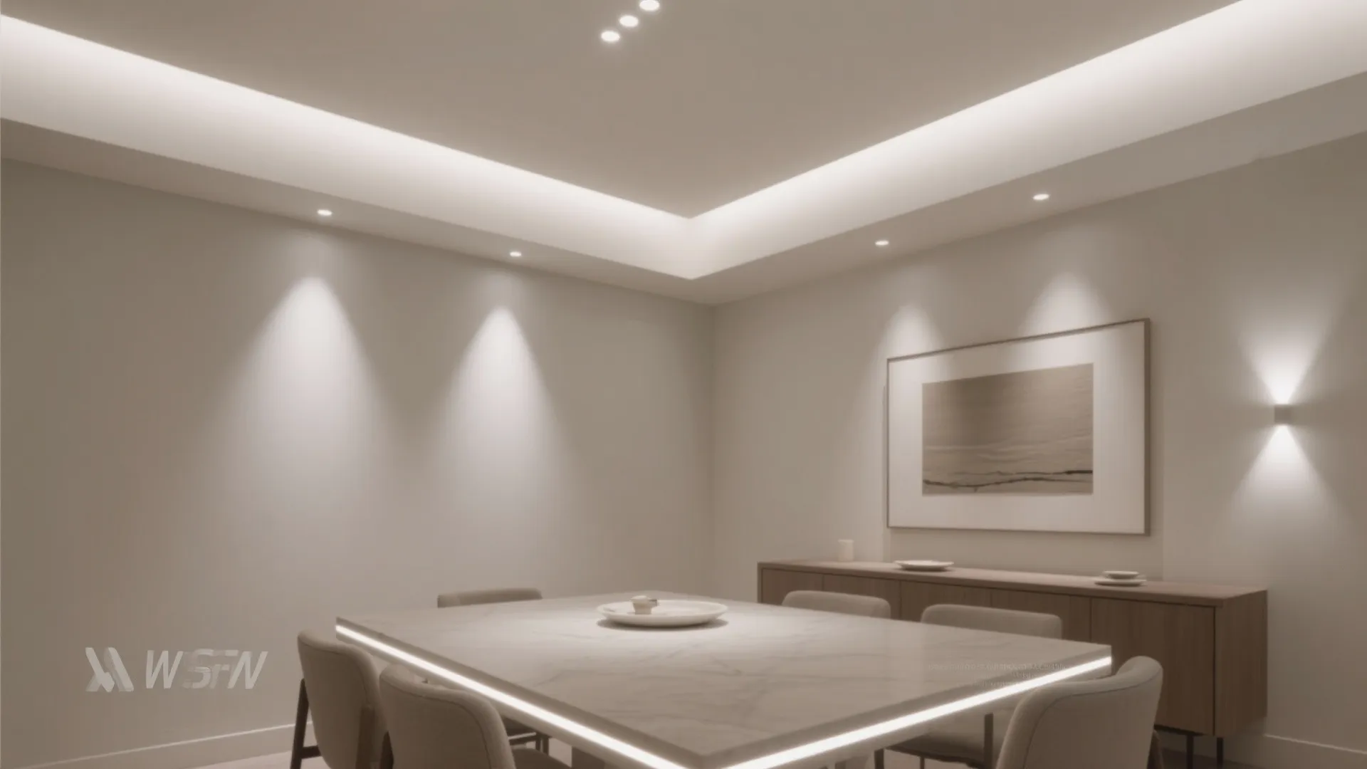 Modern dining area with large stone table, wooden cabinet, wall light, and recessed ceiling lighting