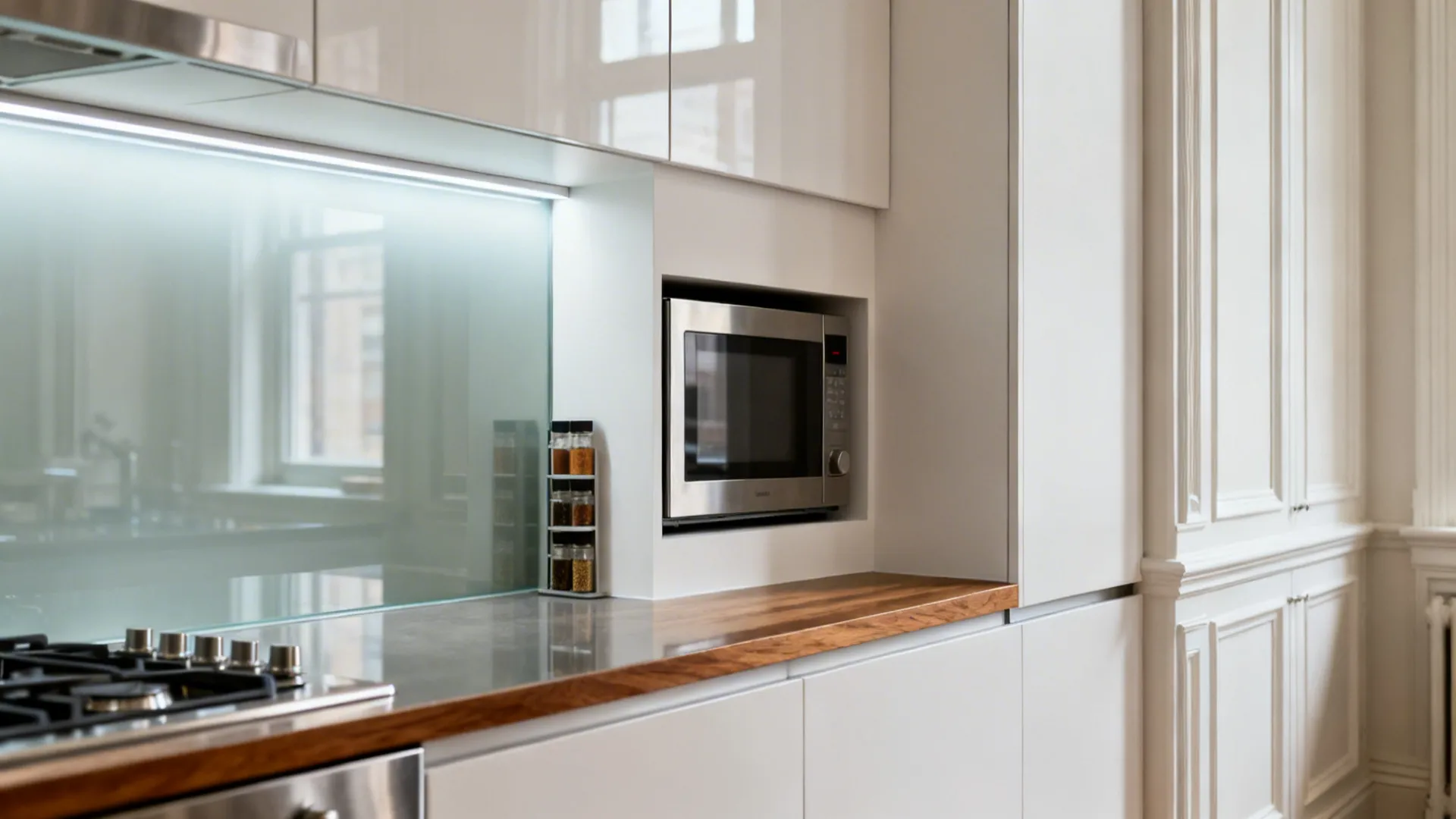 Trimless built-in microwave in a shallow wall niche with glass backsplash.