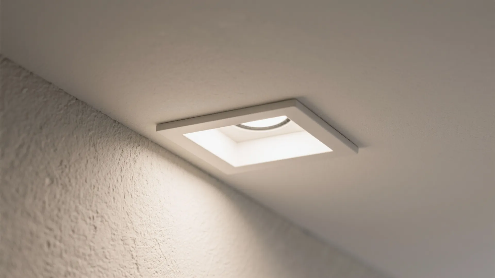 Close up of a square white recessed light fixture installed in a ceiling illuminating a wall