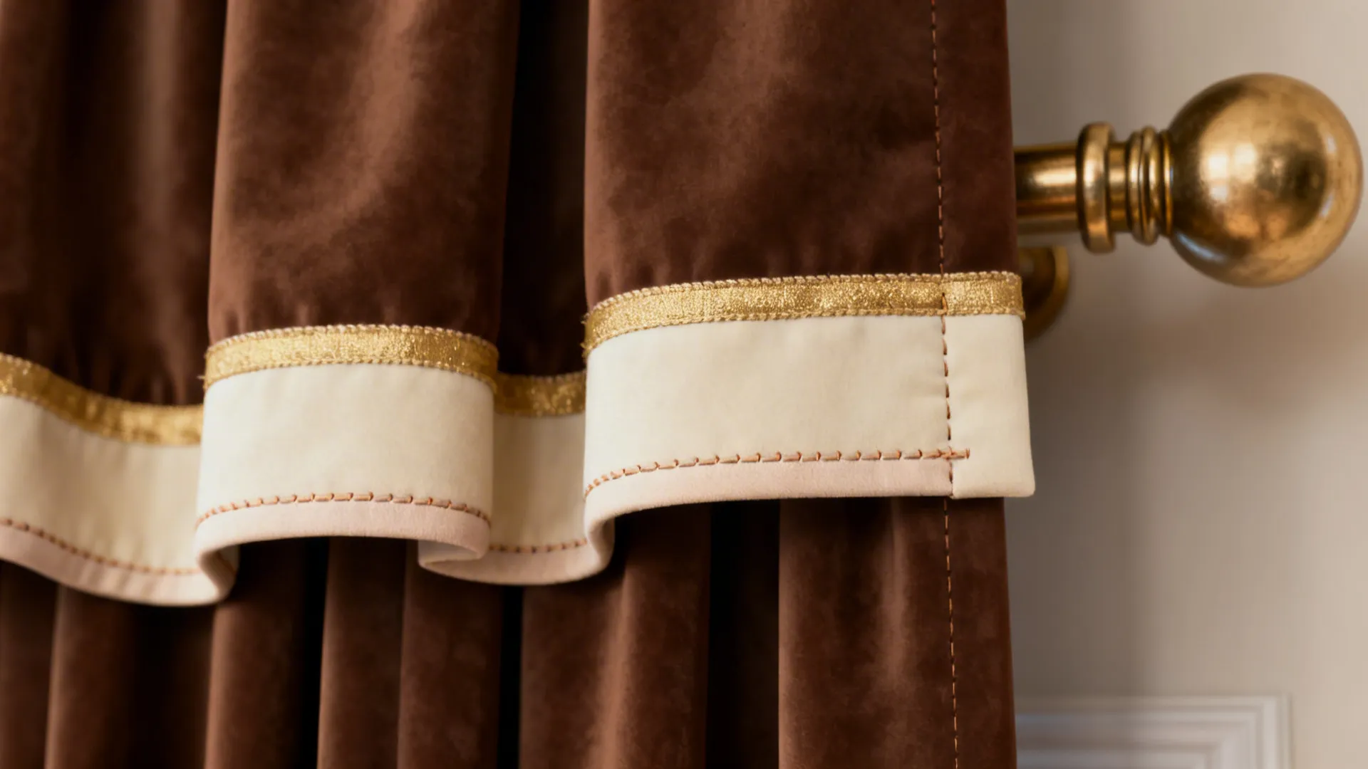 Chocolate brown curtain with cream and soft gold contrasting trim and brass rod detail