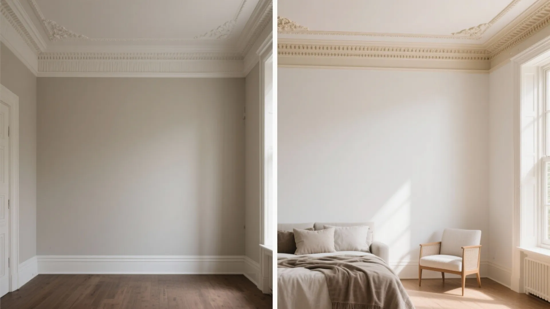 Side by side comparison of an empty room versus a furnished bedroom with wall panel details