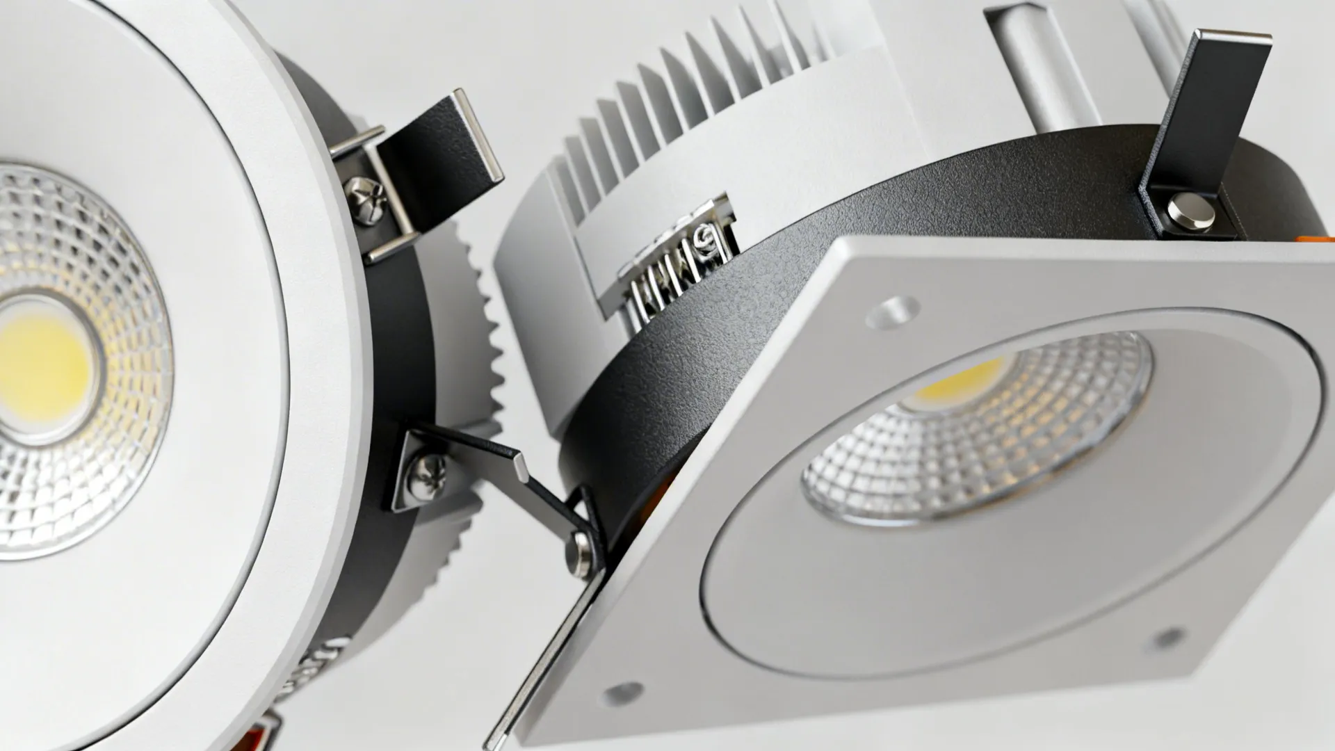 Close-up of LED recessed modules, baffle and reflector trims, and shallow housings for low ceilings.