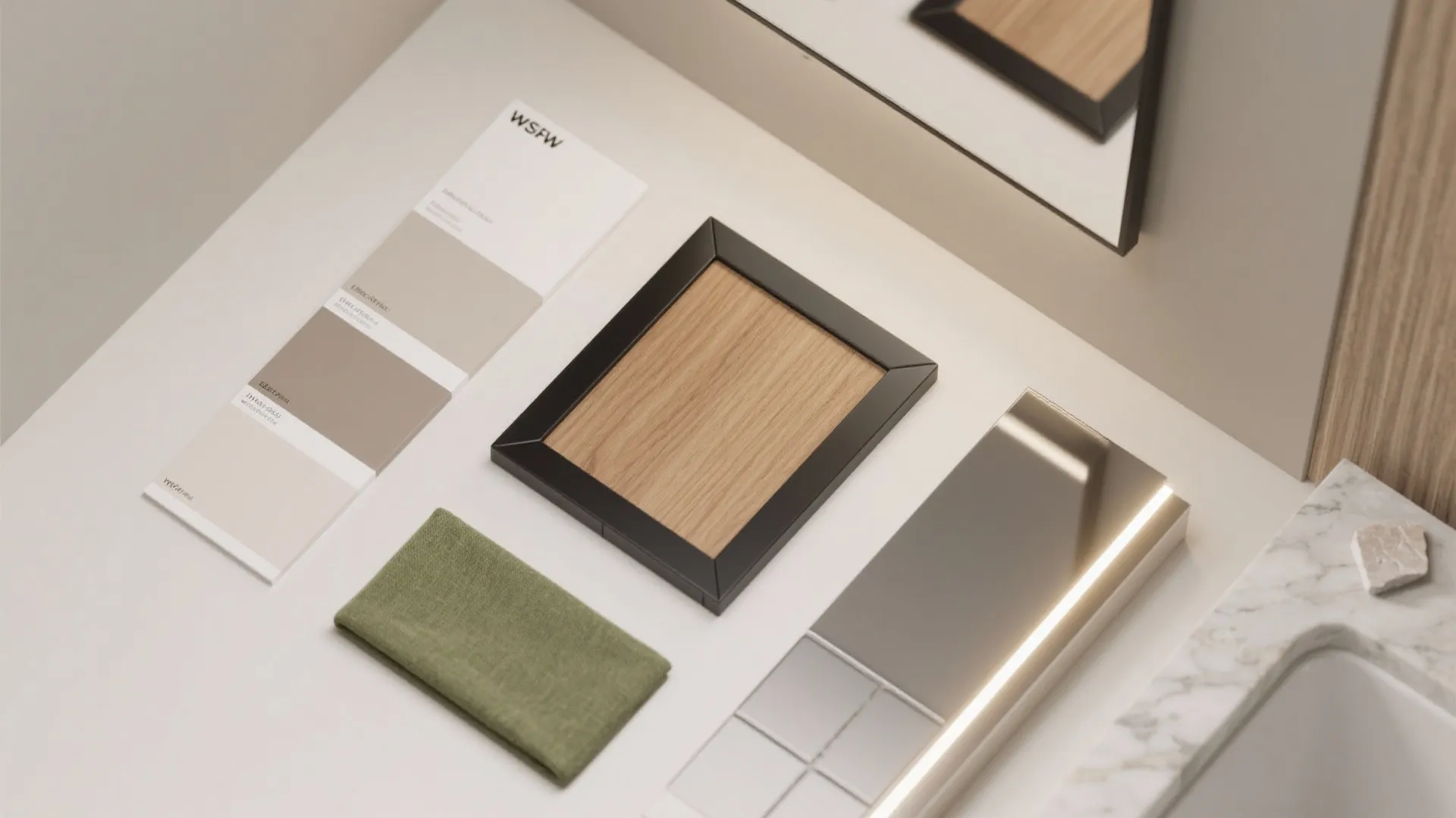 Modern interior design material board with wood samples green fabric color palette and wall light