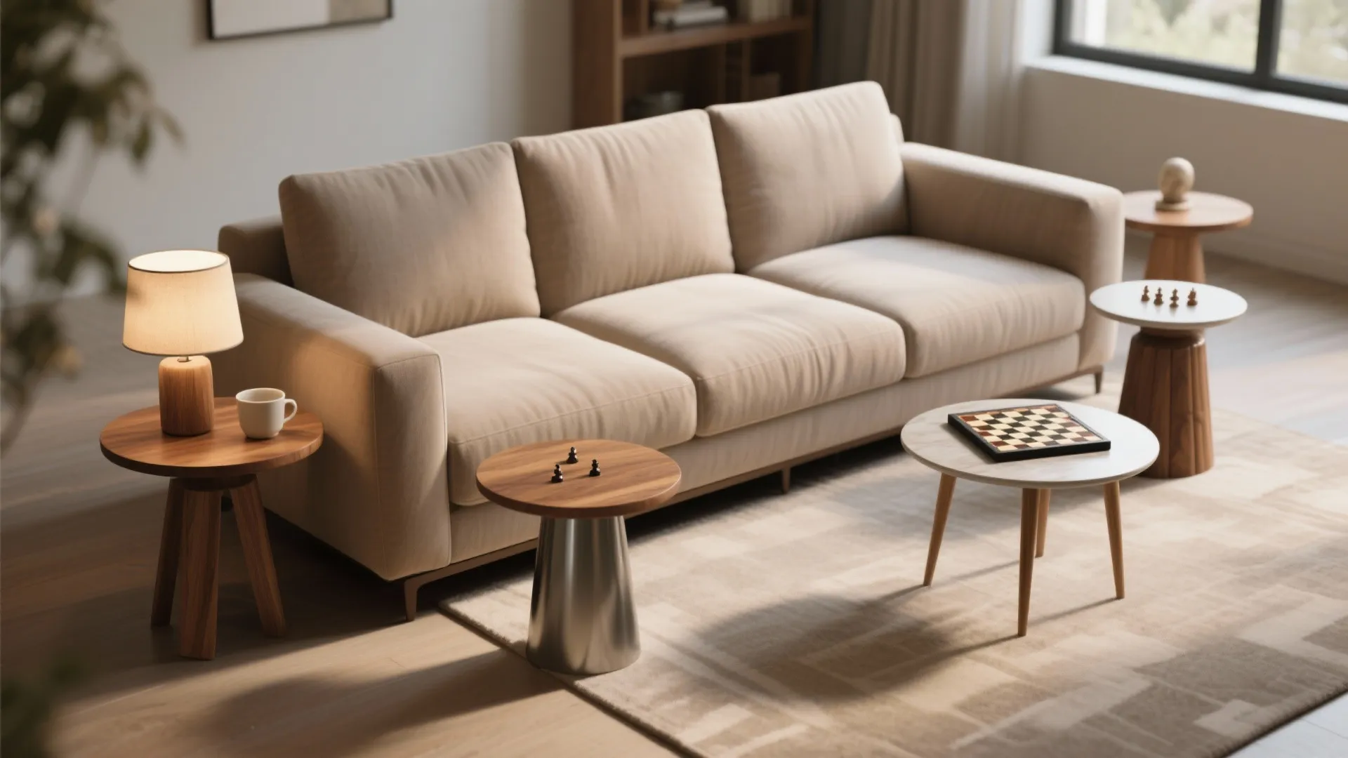 Sofa surrounded by three small side tables of varied materials and heights, styled for use.