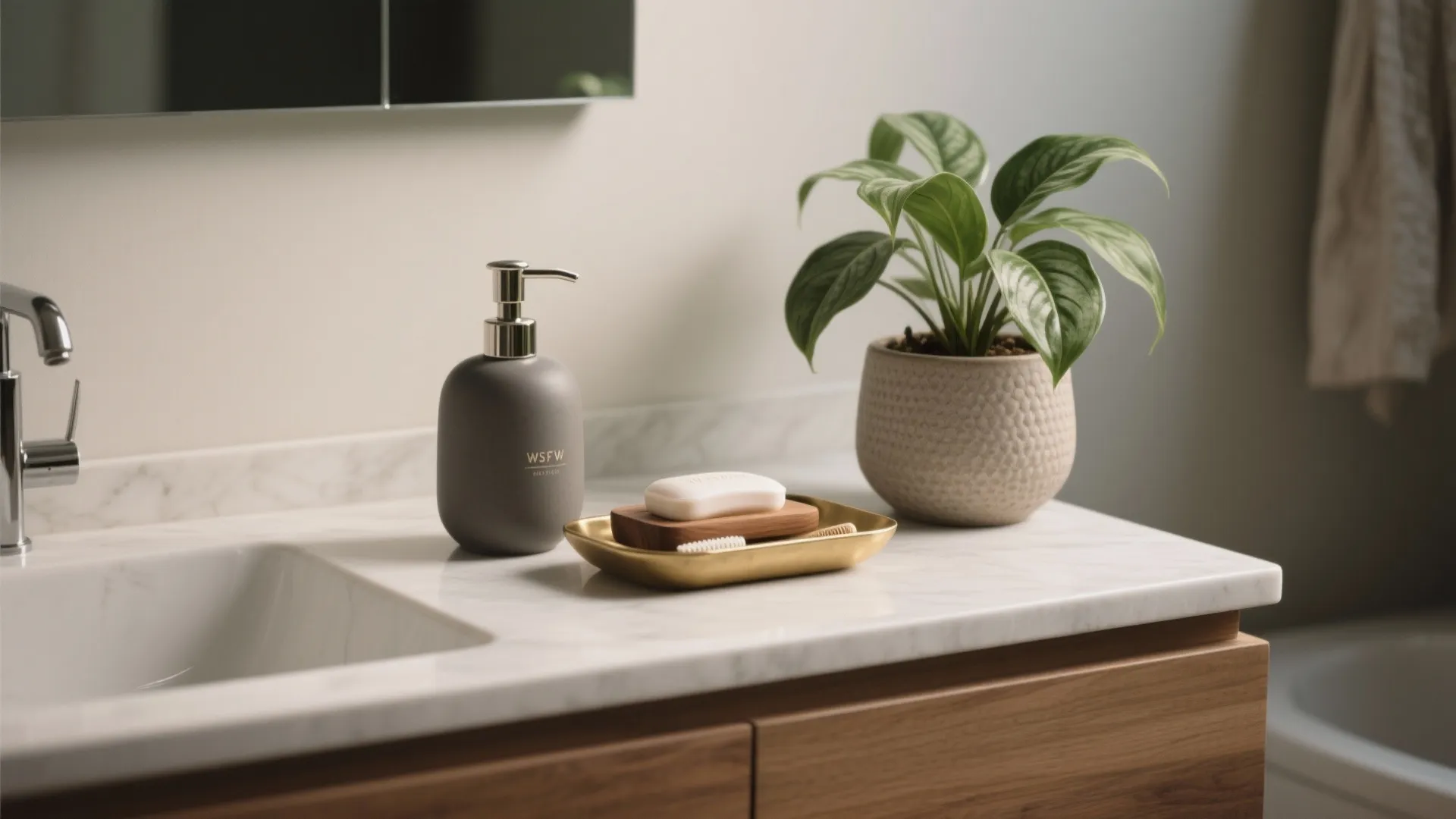 1. Curate a trio: soap, tray, and a plant