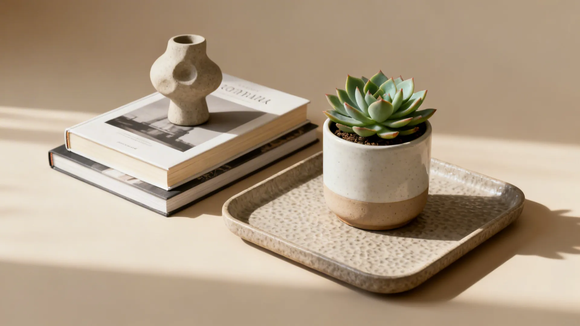 Trio styling on a tray: books, a sculptural object, and a small potted succulent.