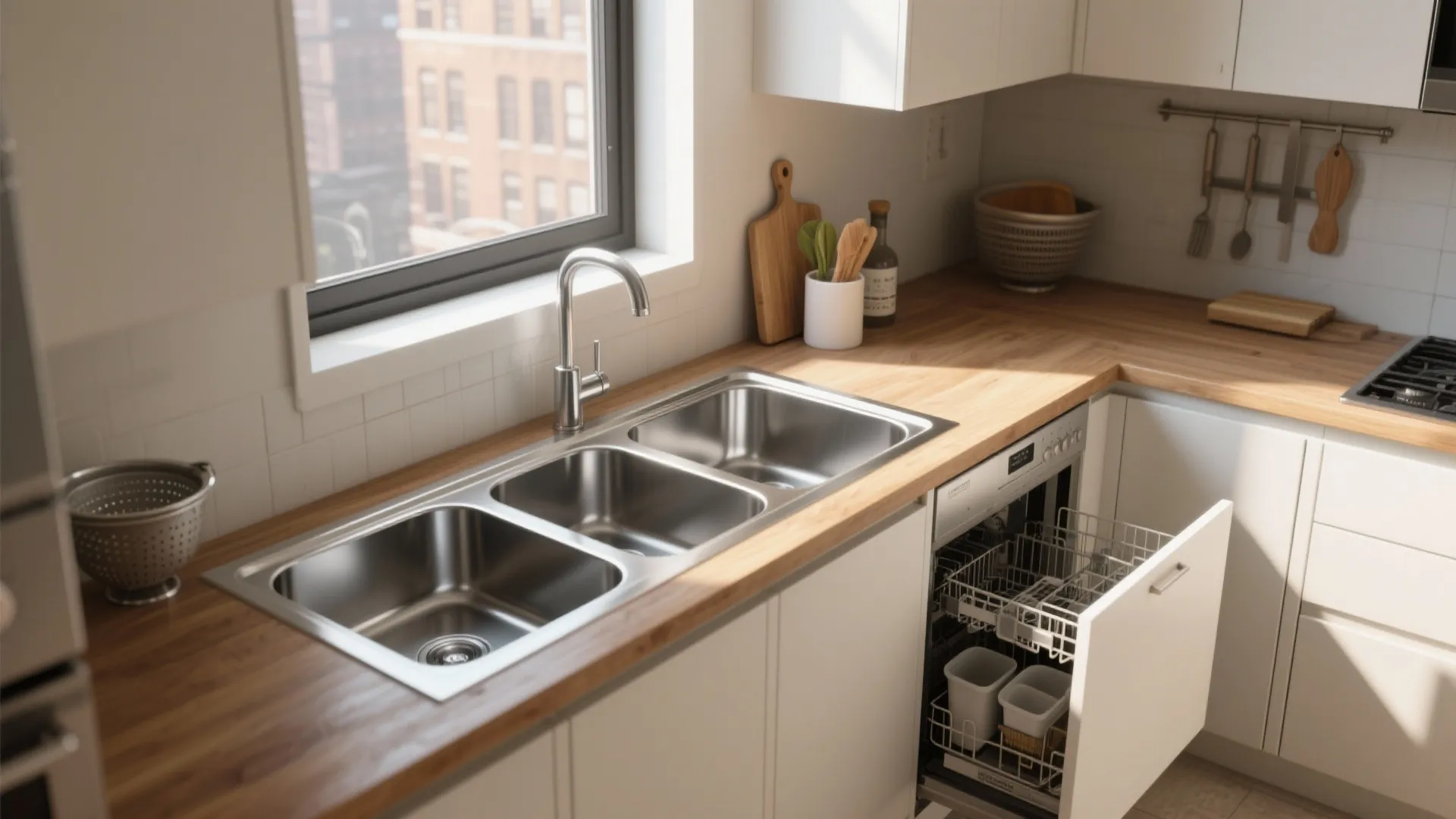 Modern kitchen with triple basin sink wooden countertop open dishwasher and white cabinets under natural light