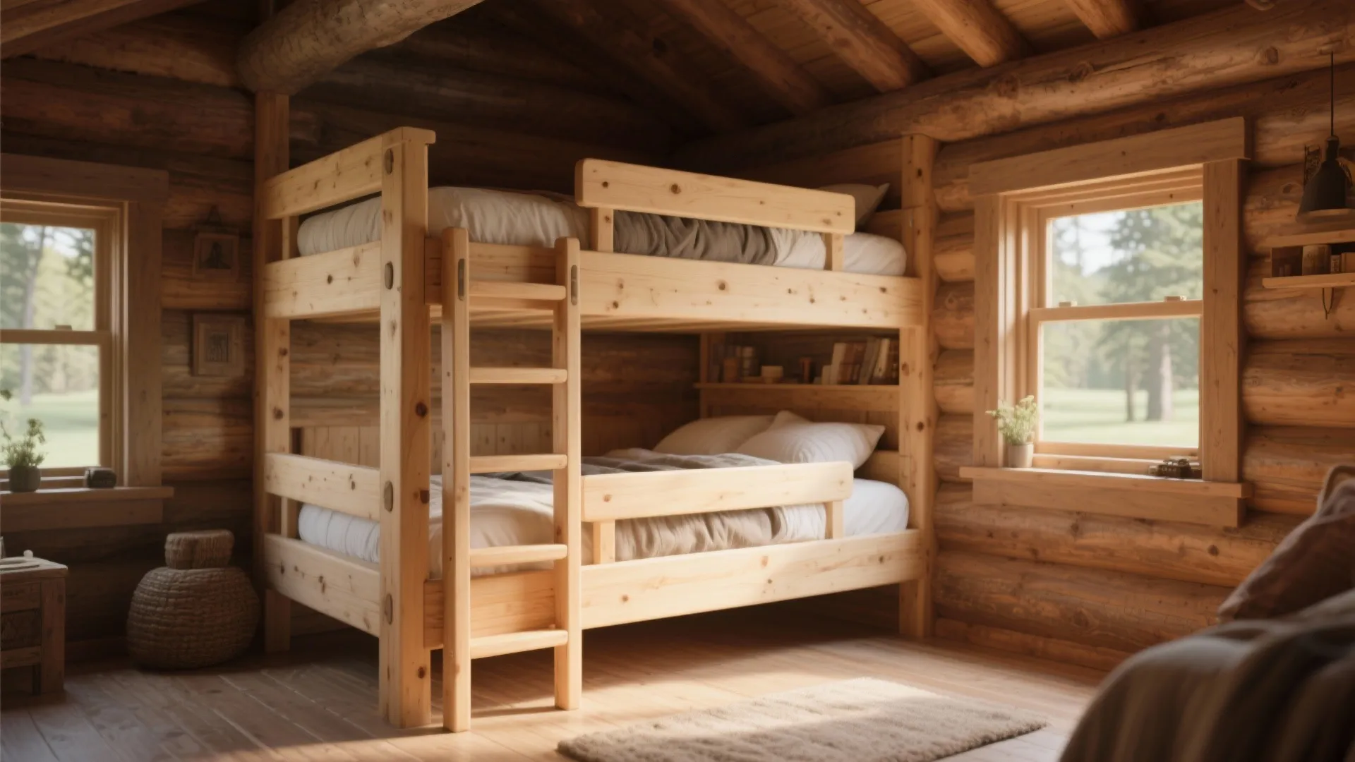 Rustic log cabin bedroom featuring a sturdy wooden bunk bed next to a sunlit window