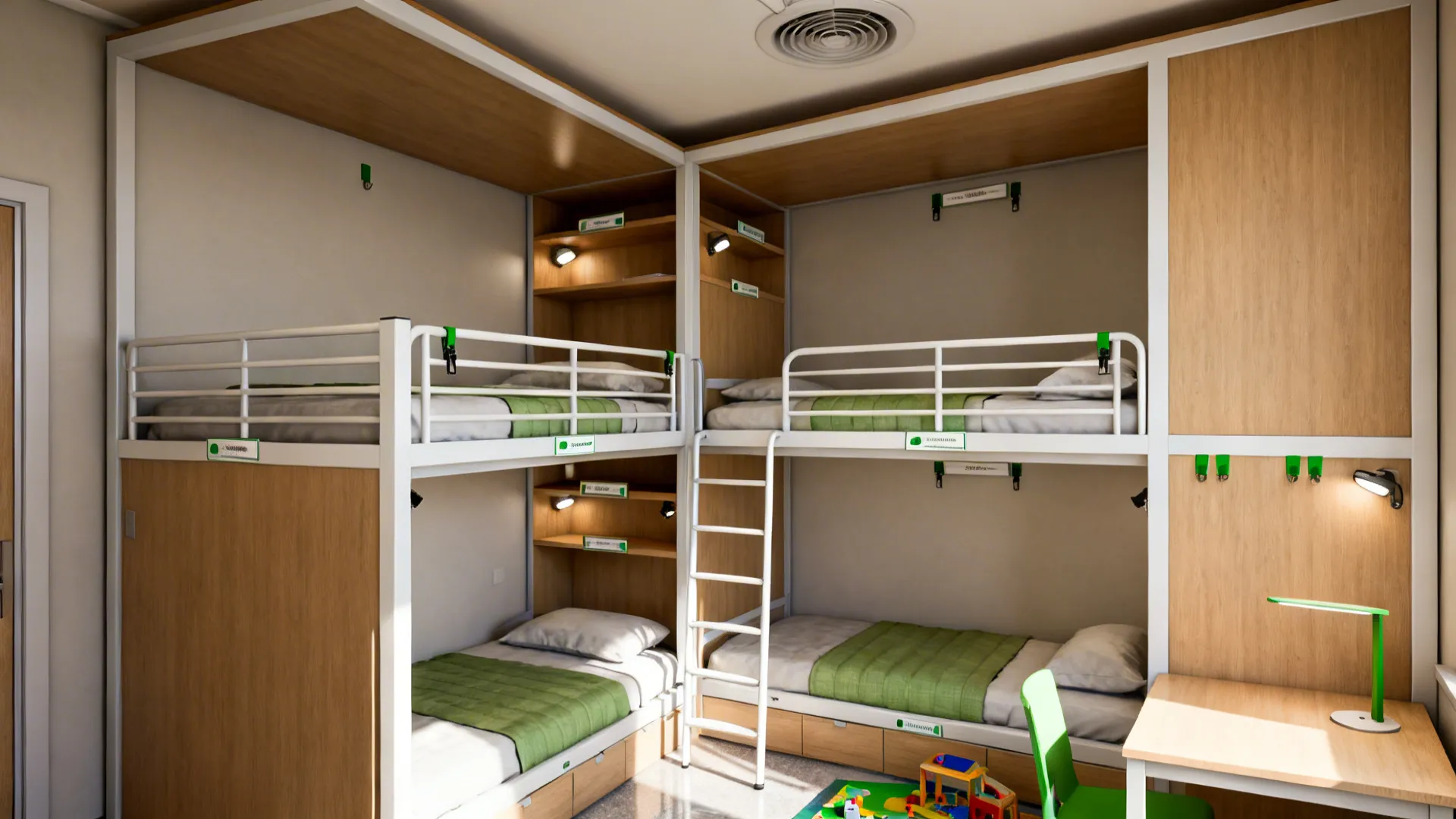 Three-high bunk bed with guardrails, ladder, and slim mattresses in a small room.