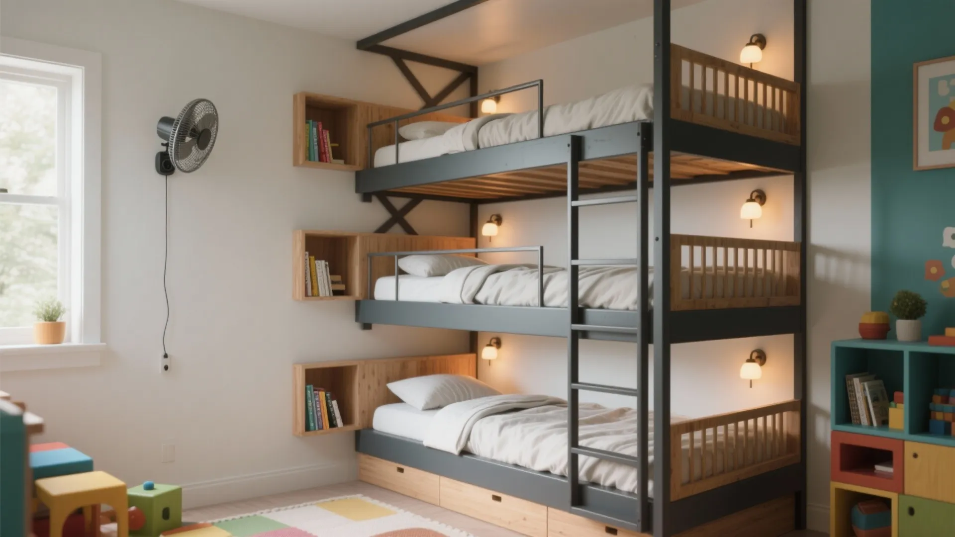 Triple bunk bed with black frame and wooden accents including wall lights and built-in shelves