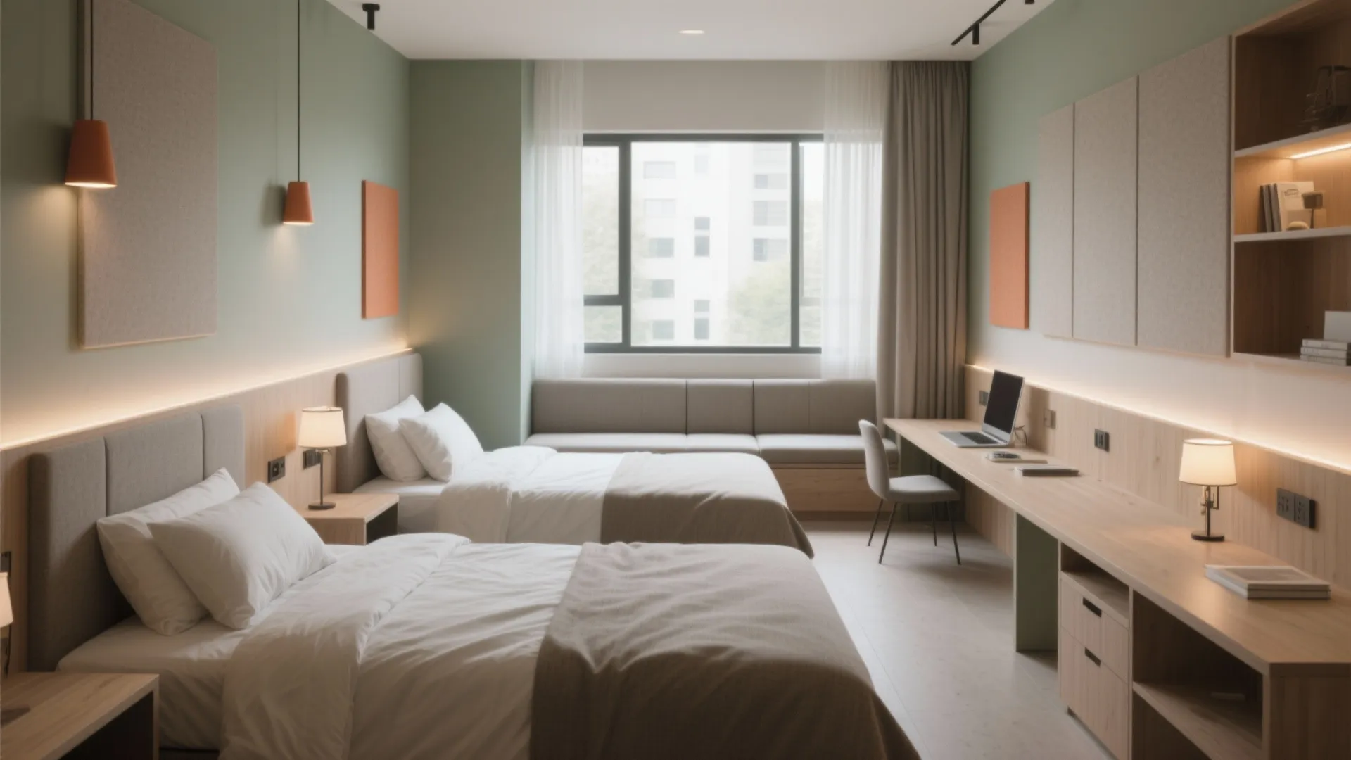 Modern bedroom with two single beds, green walls, long wooden desk, and window seat area
