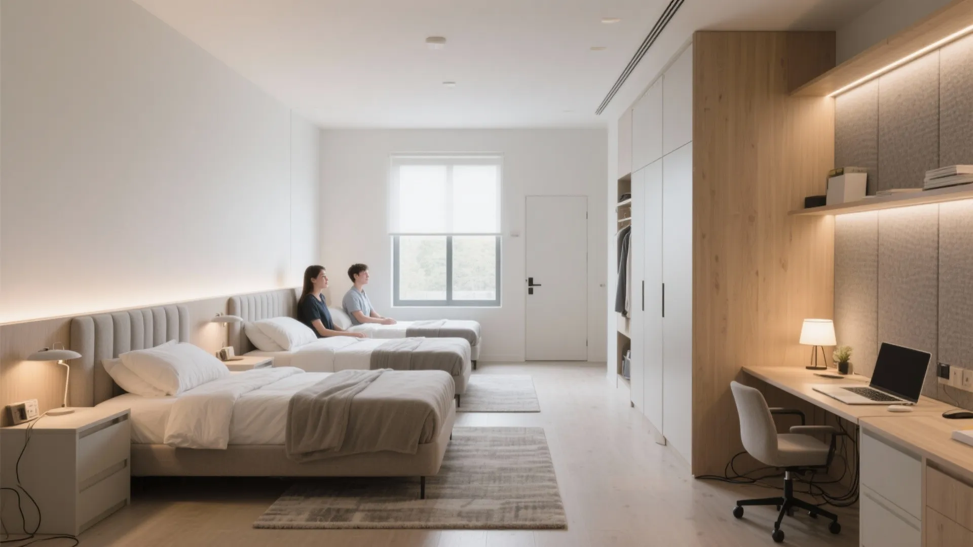 Modern triple bedroom interior showing three beds, white wardrobe, wooden desk, chair, and large window