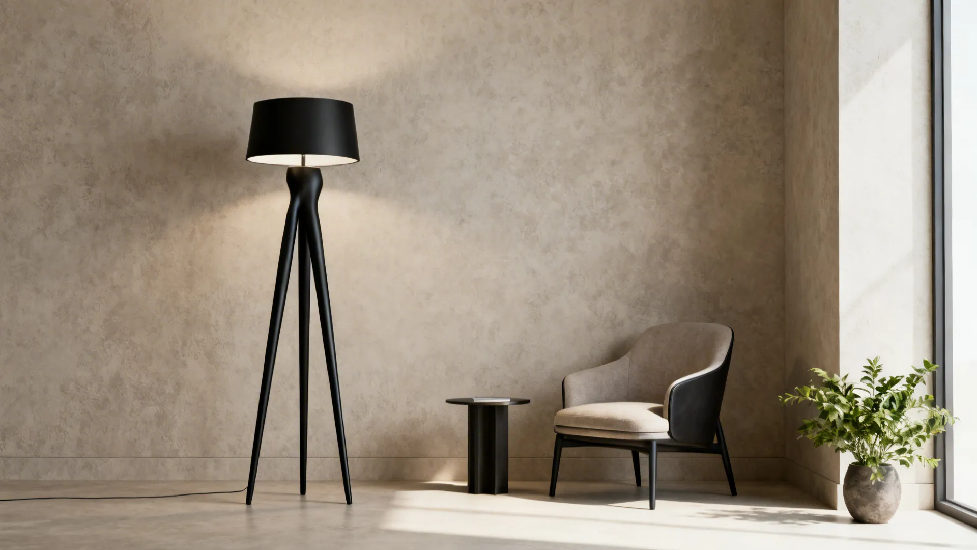 Minimal tripod lamp serving as a sculptural accent beside an accent chair in a living room corner.