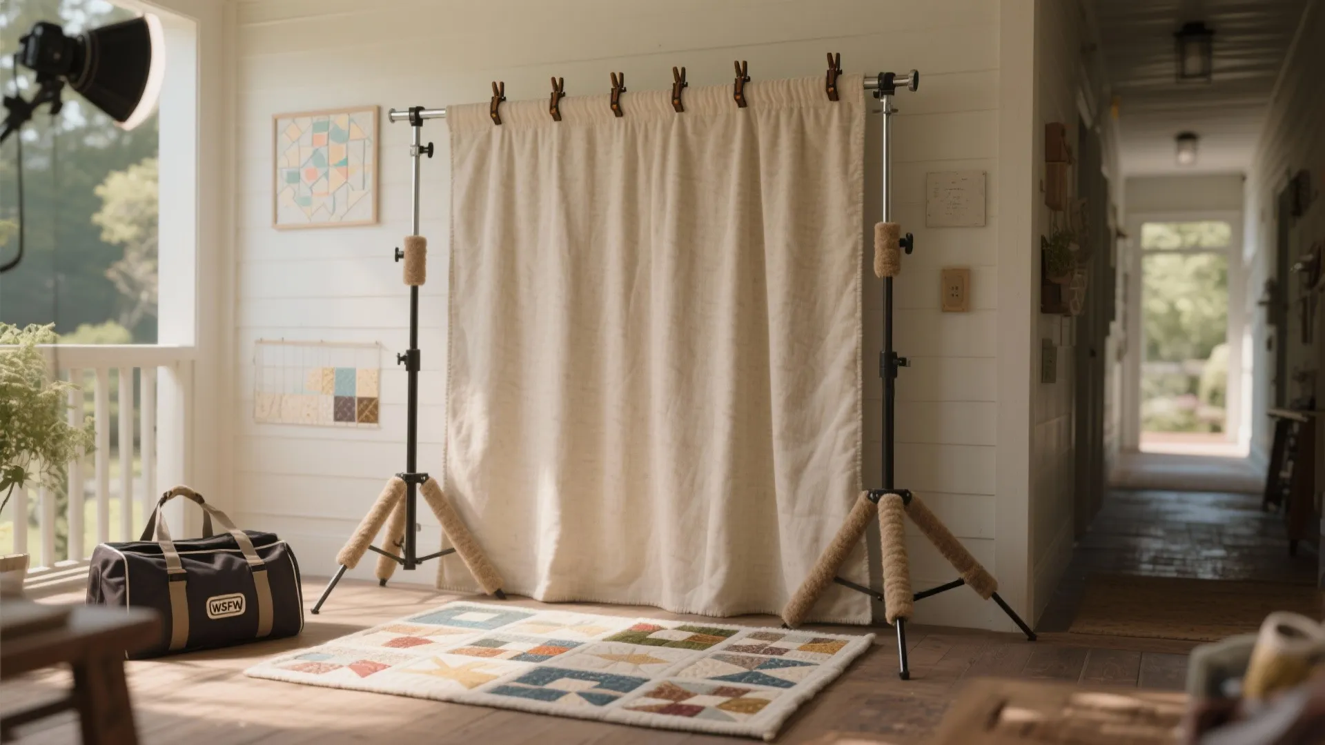 Professional photography studio setup with white fabric backdrop hanging on black tripod stands with clips