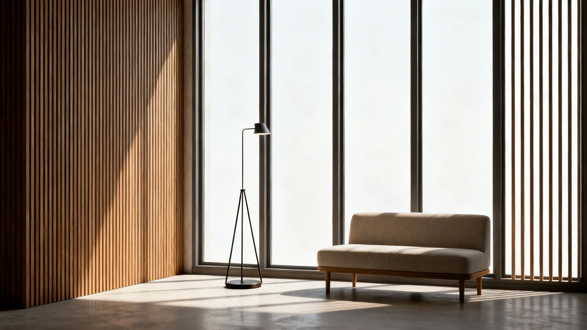 Slender tripod lamp beside a short sofa emphasizing vertical interest and room height