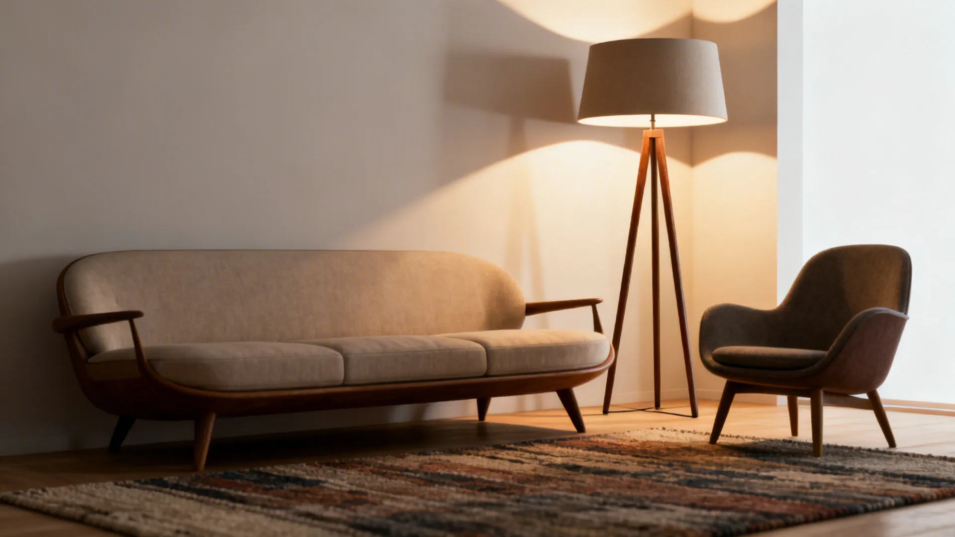 Tripod table lamp beside a sofa providing layered ambient light and architectural interest.