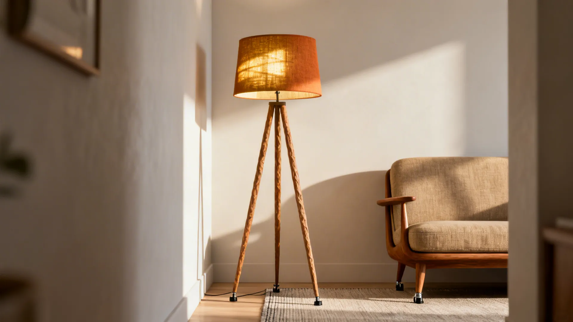 Tripod floor lamp providing sculptural balance in a small living room corner.
