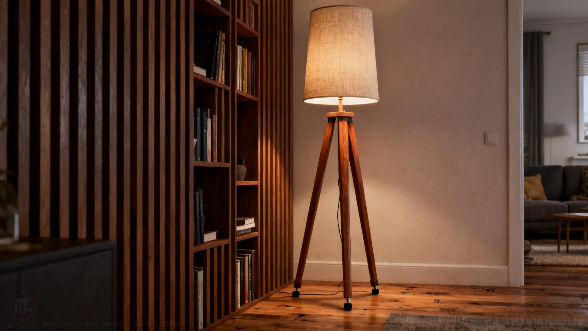 Tripod standing lamp beside a tall bookshelf in a compact living room, adding vertical rhythm.
