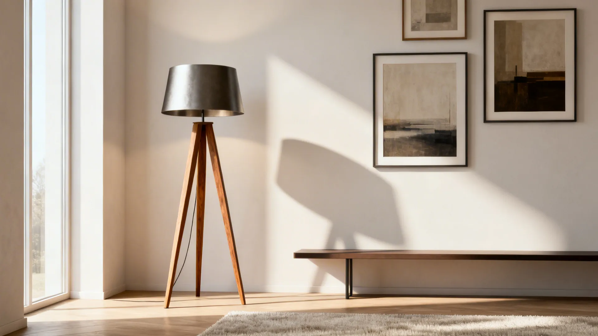Minimal living room corner with a wooden tripod floor lamp adding sculptural vertical interest.