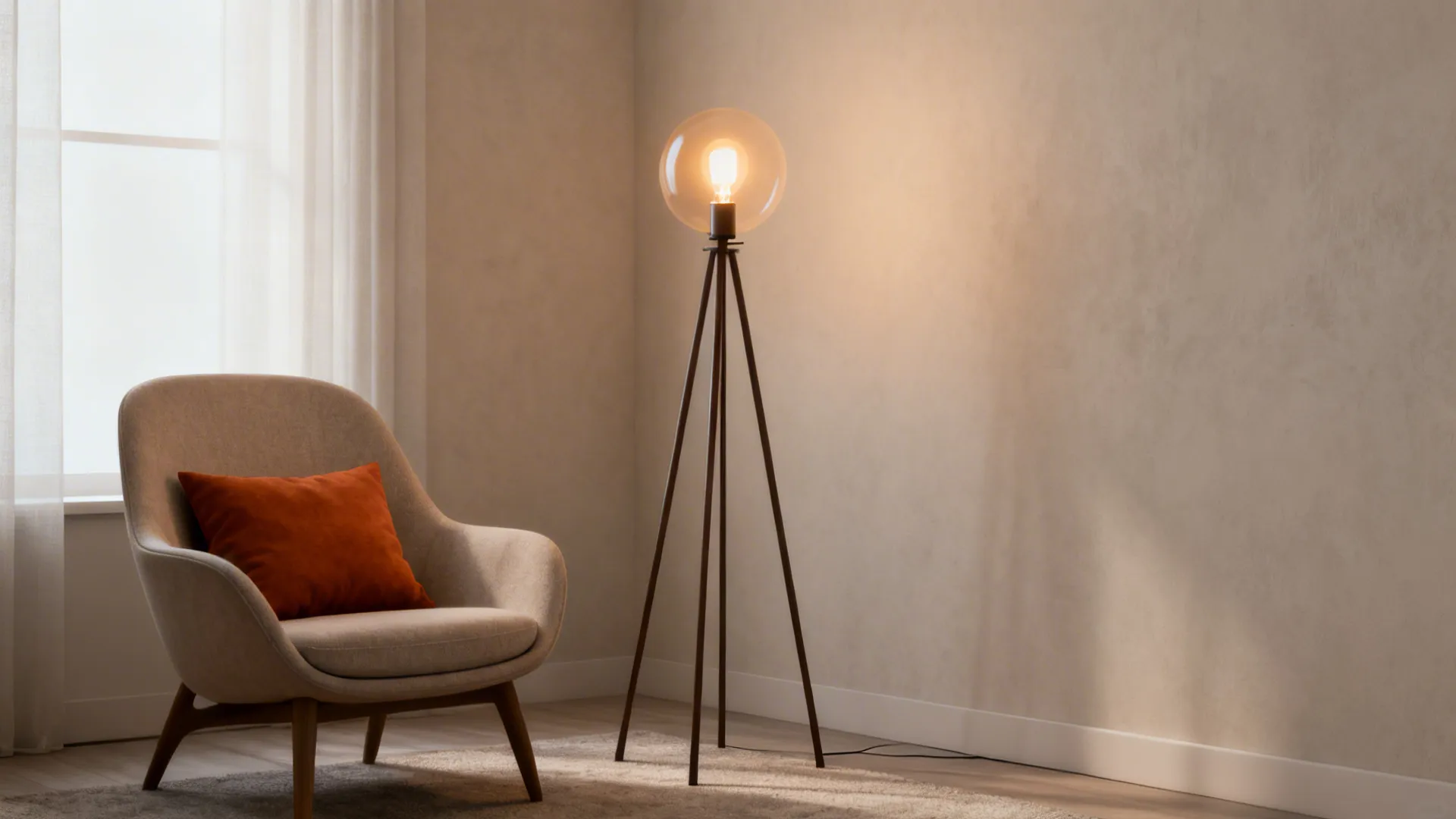 Minimal tripod floor lamp with warm dim glow beside an armchair in a cozy corner
