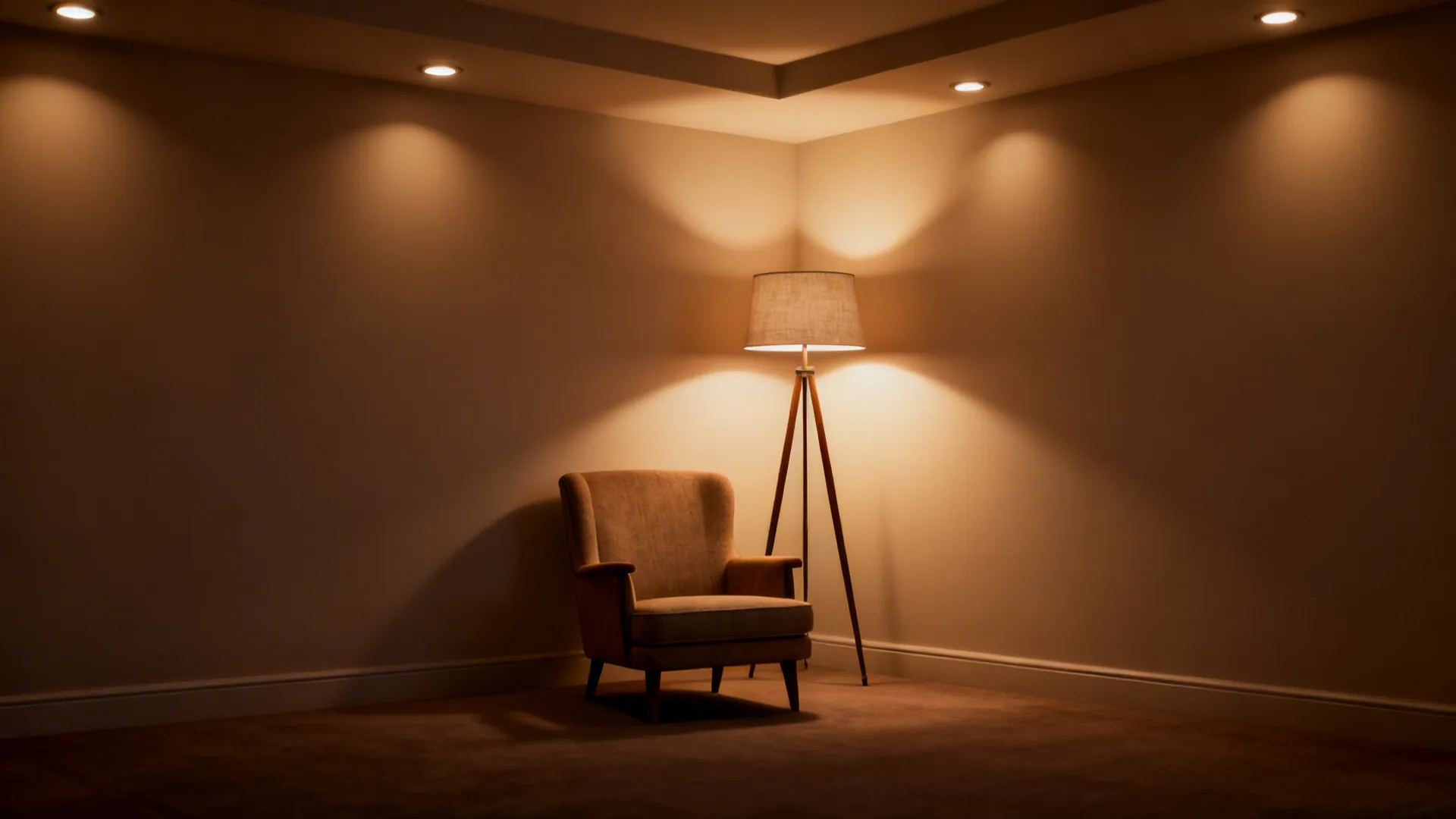 Tripod floor lamp behind an armchair providing layered ambient light in a compact living room.