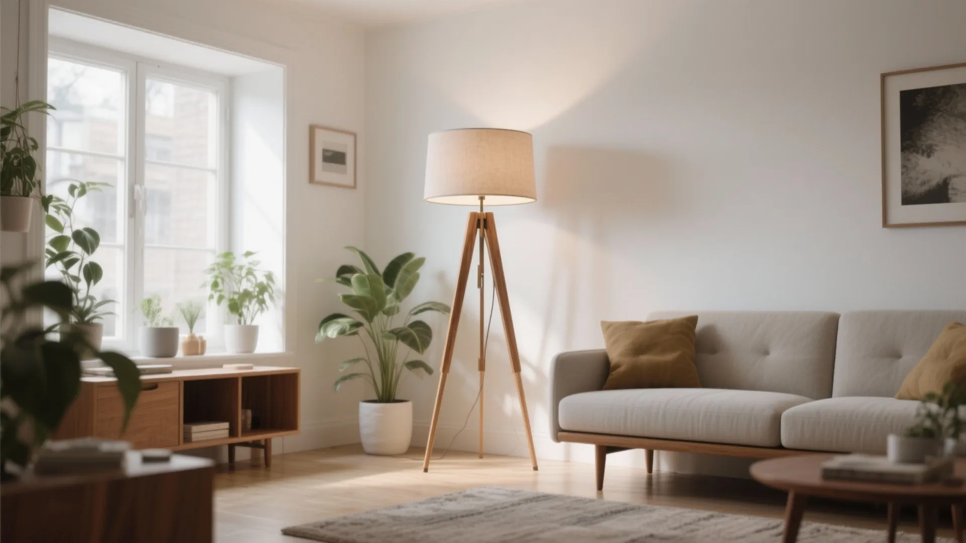 Compact living room with a wooden-trim tripod floor lamp providing airy silhouette and warm light.